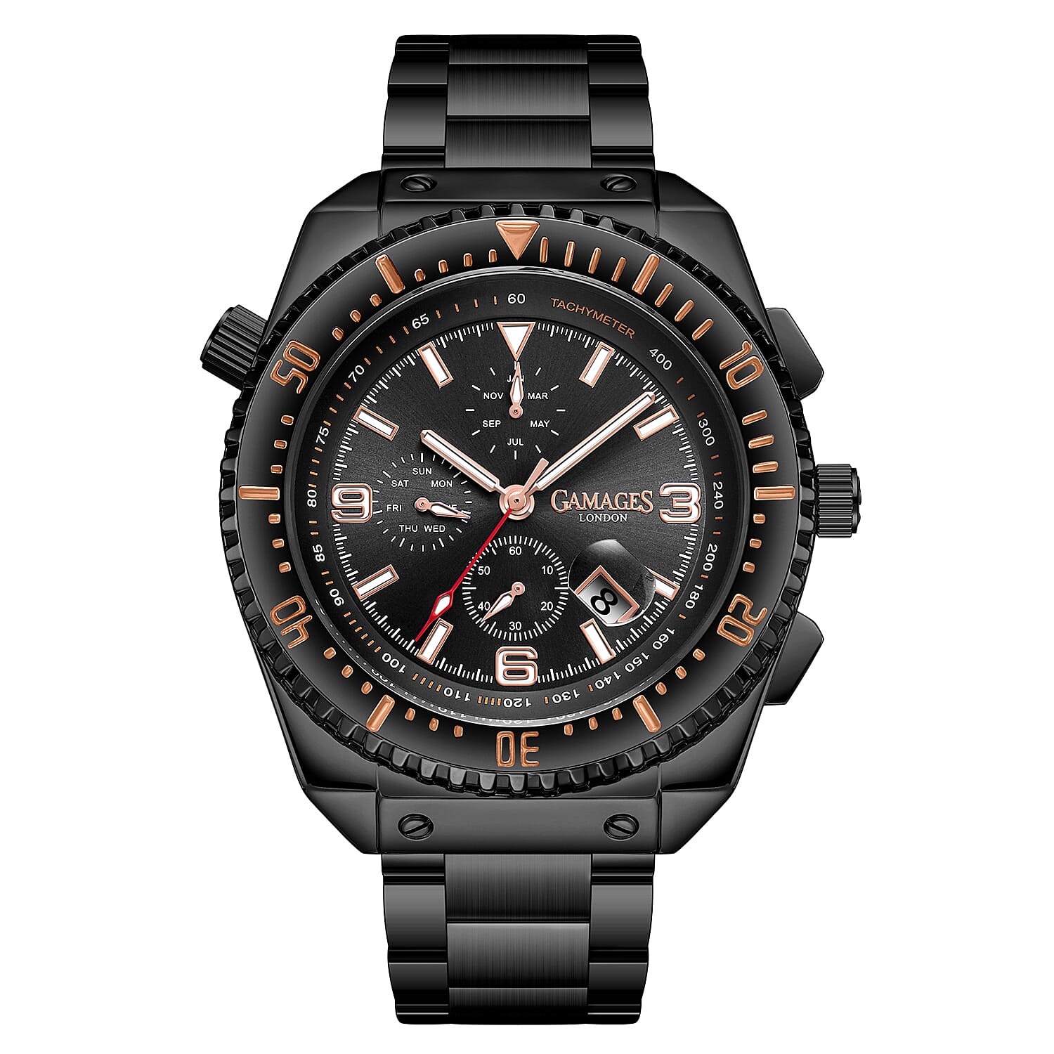 Limited Edition- GAMAGES OF LONDON Limited Edition Hand Assembled Racing Automatic Movement Black Dial Water Resistant Watch with Black Colour Chain Strap