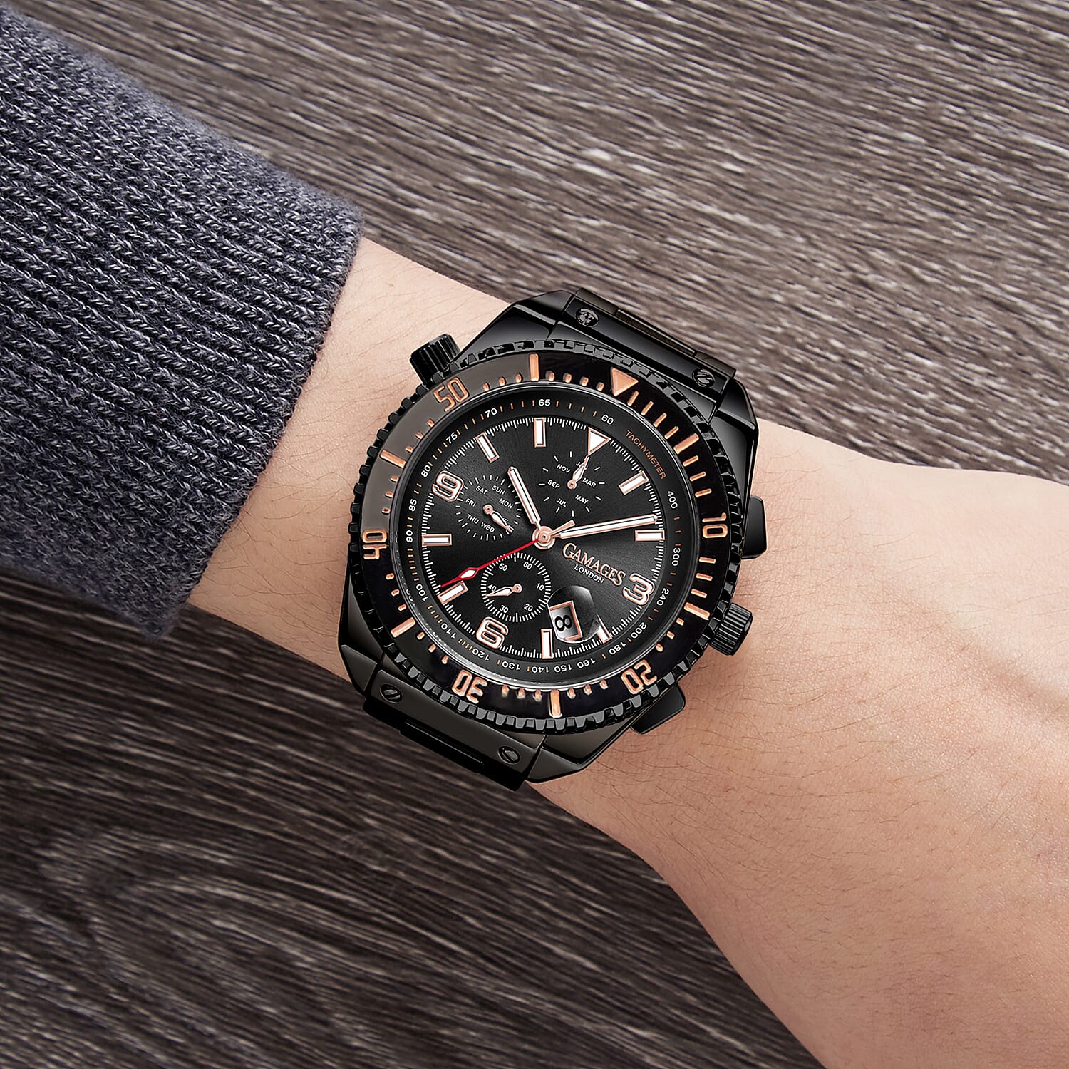 Limited Edition- GAMAGES OF LONDON Limited Edition Hand Assembled Racing Automatic Movement Black Dial Water Resistant Watch with Black Colour Chain Strap