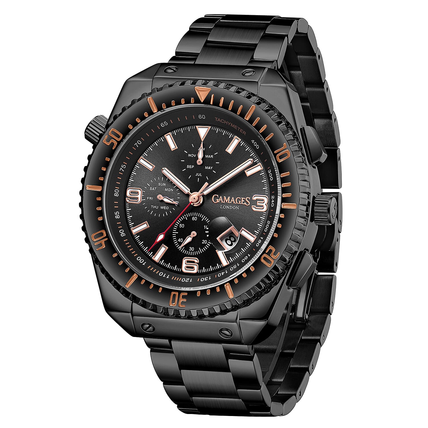 Limited Edition- GAMAGES OF LONDON Limited Edition Hand Assembled Racing Automatic Movement Black Dial Water Resistant Watch with Black Colour Chain Strap