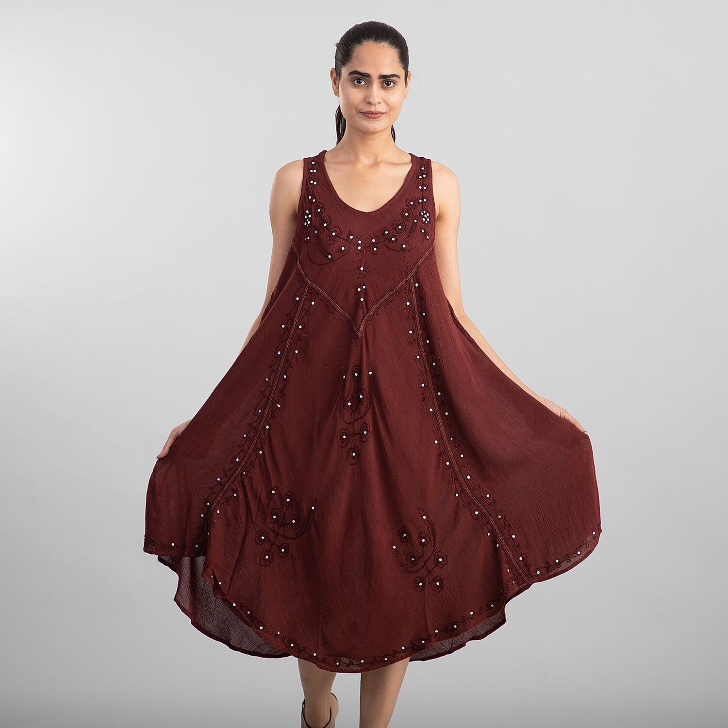 100% Viscose Sequin Embroidered Umbrella Dress with Pockets (One Size Curve, 20-26) - Caramel Brown