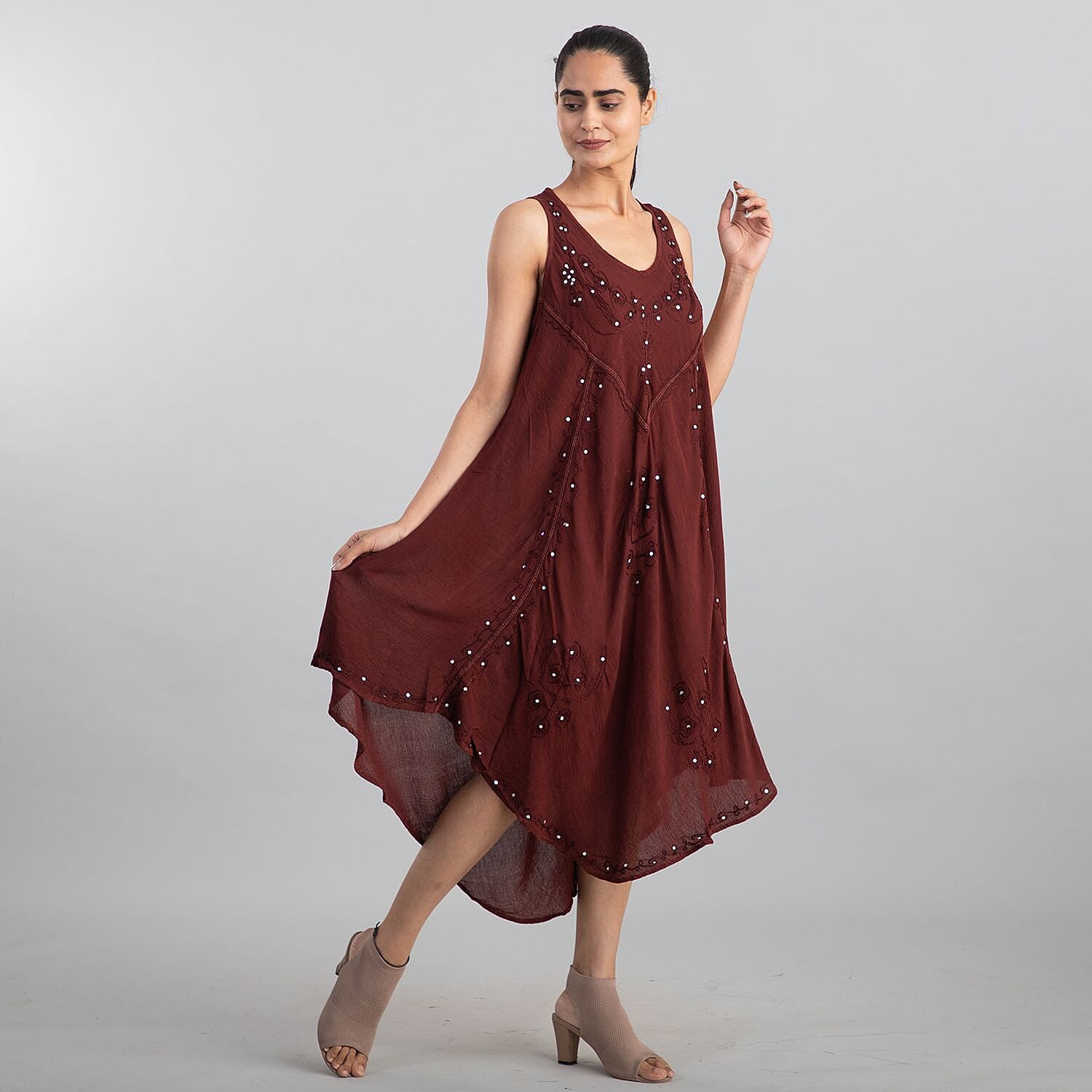 100% Viscose Sequin Embroidered Umbrella Dress with Pockets (One Size Curve, 20-26) - Caramel Brown