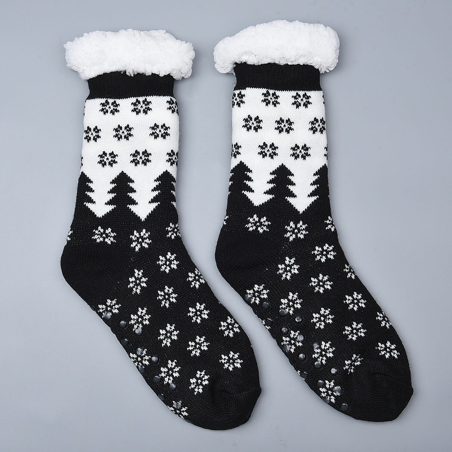Christmas Jojoba Infused Tree Sherpa Lined Cabin Socks with Faux Fur - Black & White