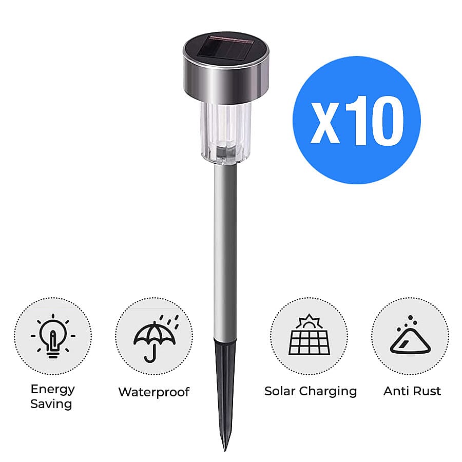Pack of 10 - Stainless Steel Solar Post Lights (Size:5.5x5.5x37.5Cm) -(White Light)