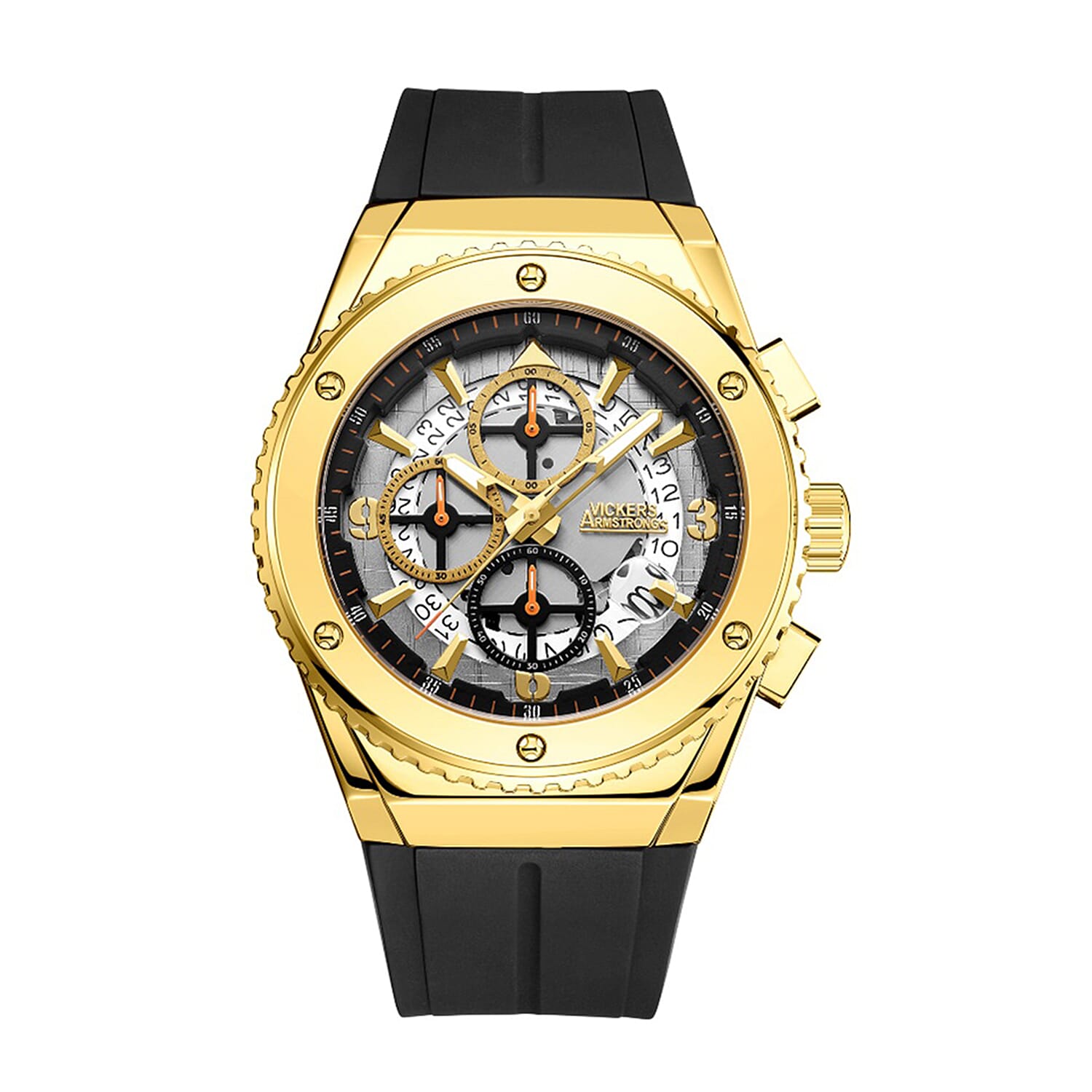 VICKERS ARMSTRONGS Limited Edition Hand Assembled Navitimer Chronograph Movement Grey Dial Gold Case Water Resistant Watch with Black Silicon Strap