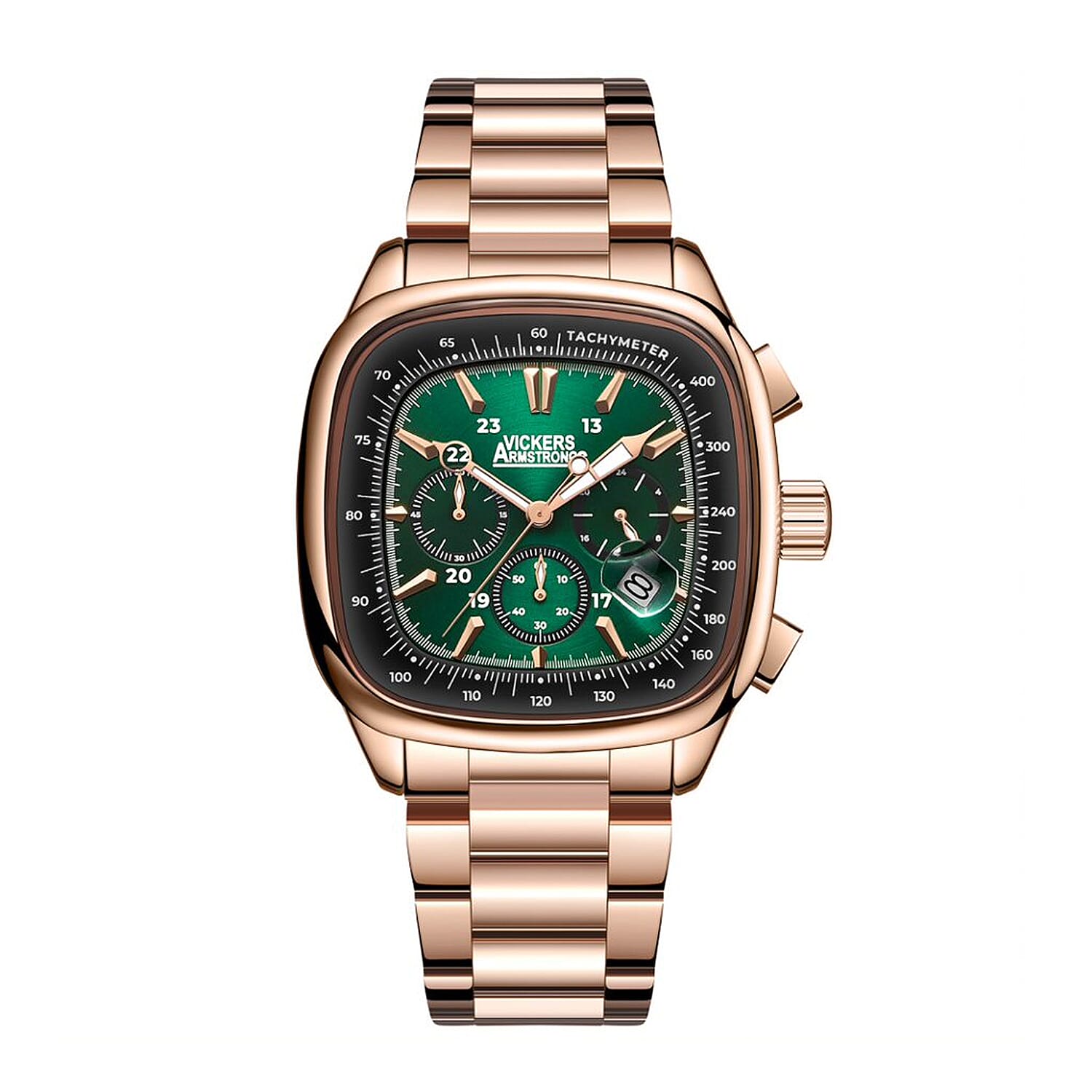 VICKERS ARMSTRONGS Limited Edition Hand Assembled Watch Chronograph Movement Green Dial Water Resistant Watch with Rose Gold Colour Chain Strap