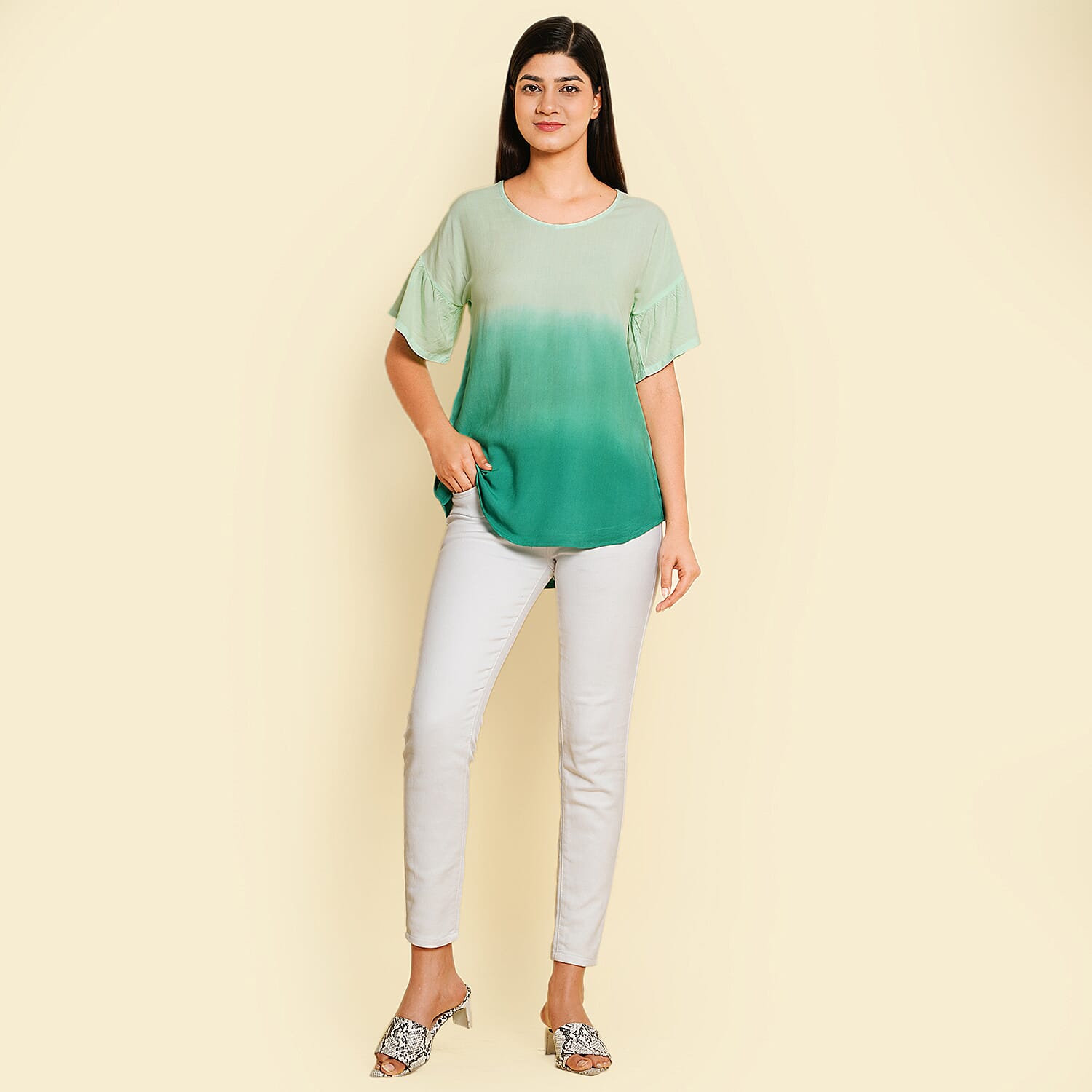 TAMSY 100% Viscose Ombre Print Short Sleeve Top (Size L,16-18) - Green