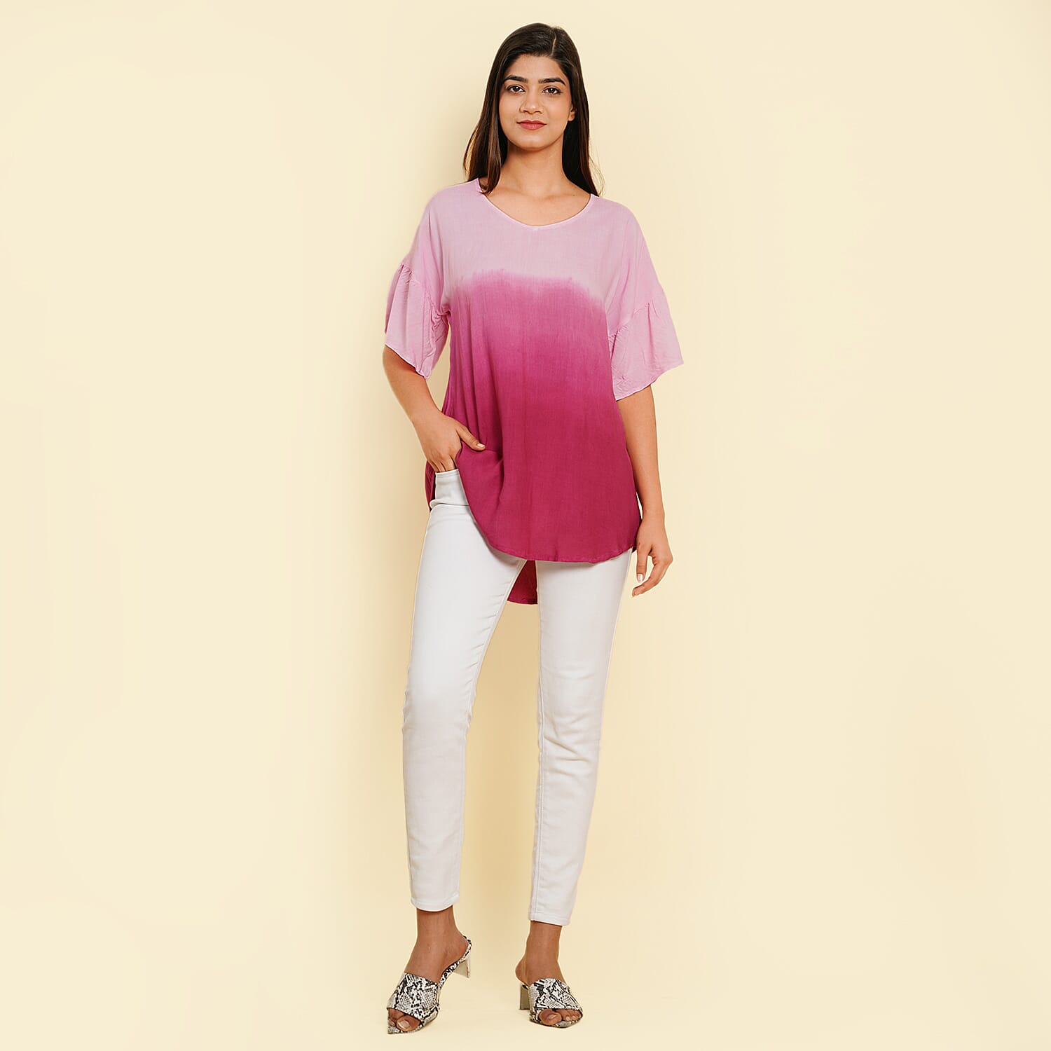 TAMSY 100% Viscose Ombre Print Short Sleeve Top (Size S,8-10) - Pink & Magenta