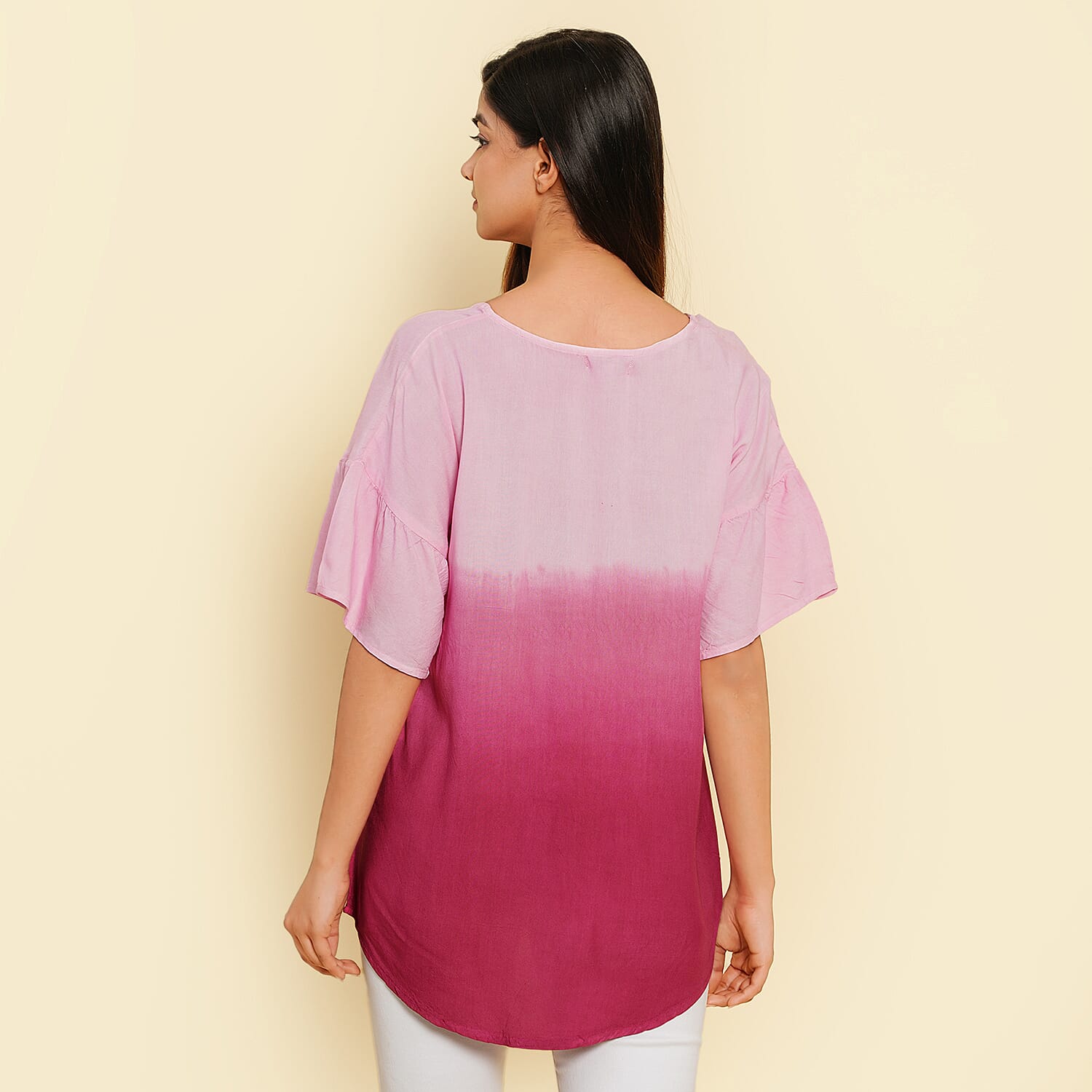 TAMSY 100% Viscose Ombre Print Short Sleeve Top (Size S,8-10) - Pink & Magenta