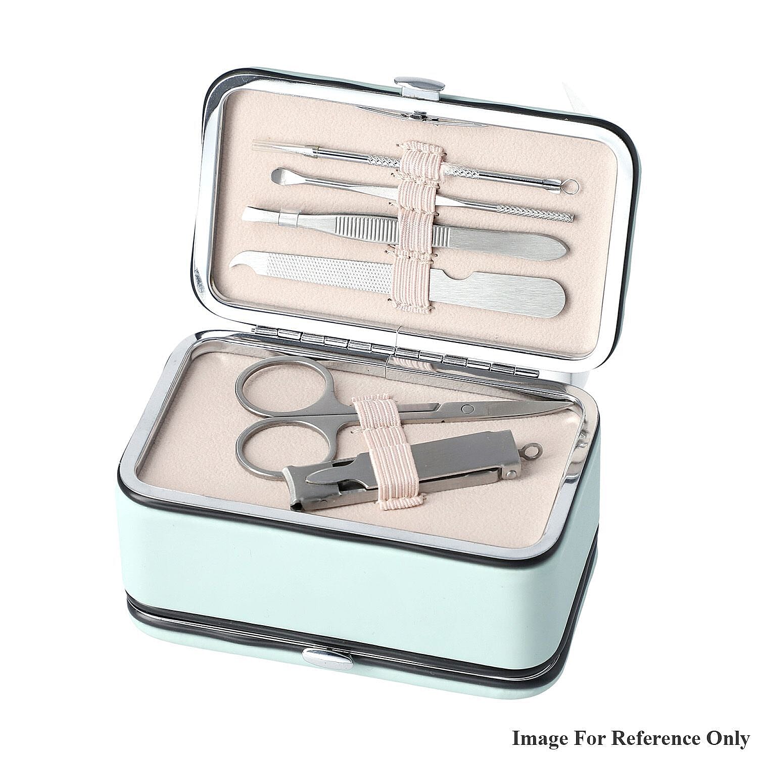2 in 1 - Six Piece Manicure Set and Travel Jewellery Organiser with Inside Mirror (Size 12x6x6cm) - Mint Green