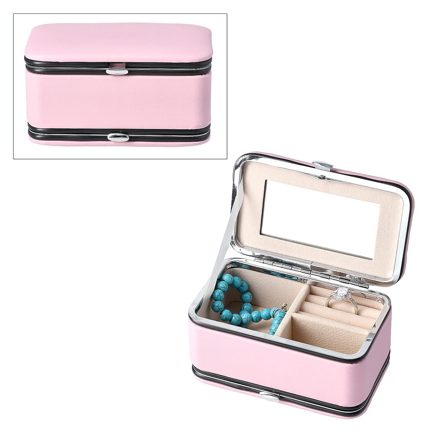 2 in 1 - Six Piece Manicure Set and Travel Jewellery Organiser with Inside Mirror (Size 12x6x6cm) - Pink