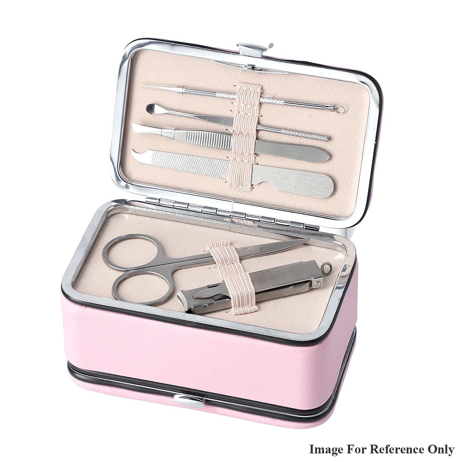 2 in 1 - Six Piece Manicure Set and Travel Jewellery Organiser with Inside Mirror (Size 12x6x6cm) - Pink