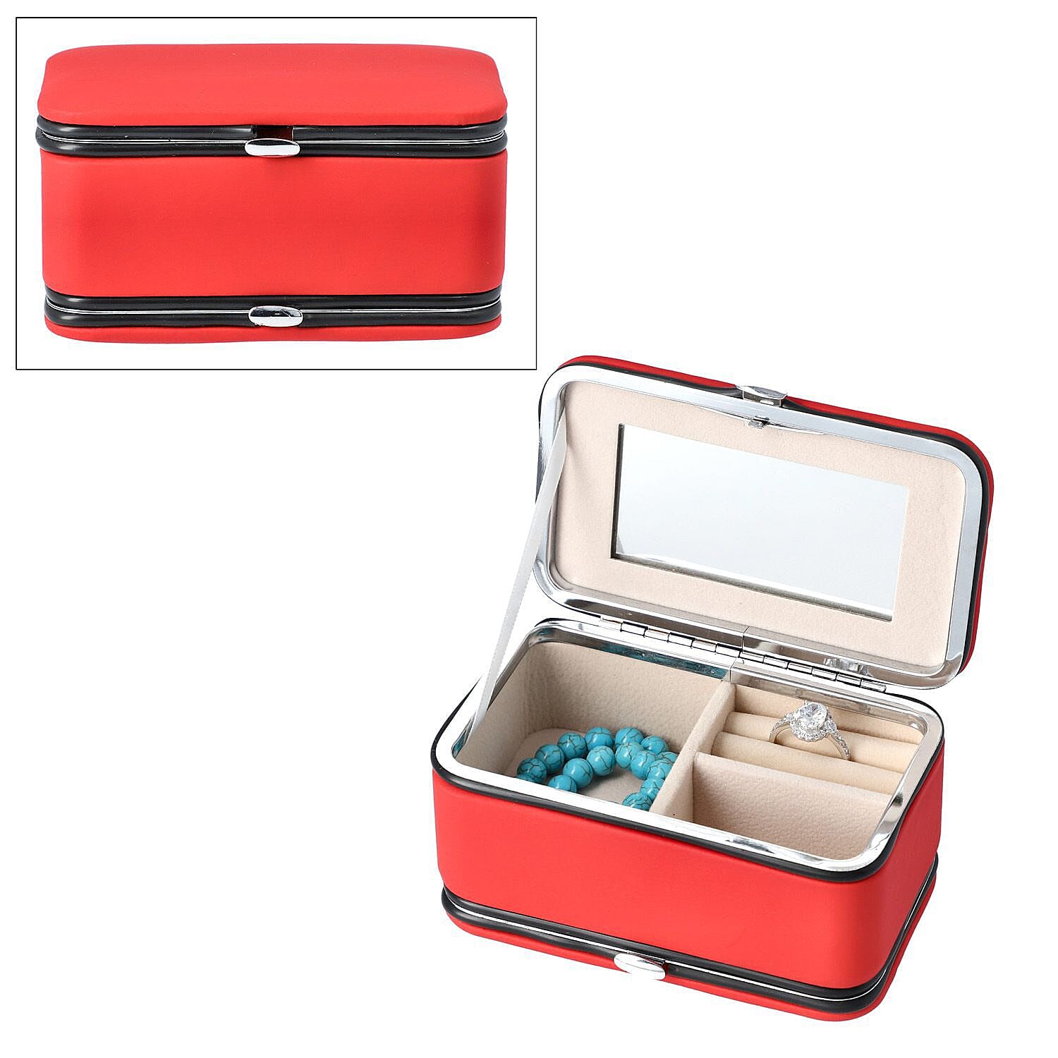 2 in 1 - Six Piece Manicure Set and Travel Jewellery Organiser with Inside Mirror (Size 12x6x6cm) - Red
