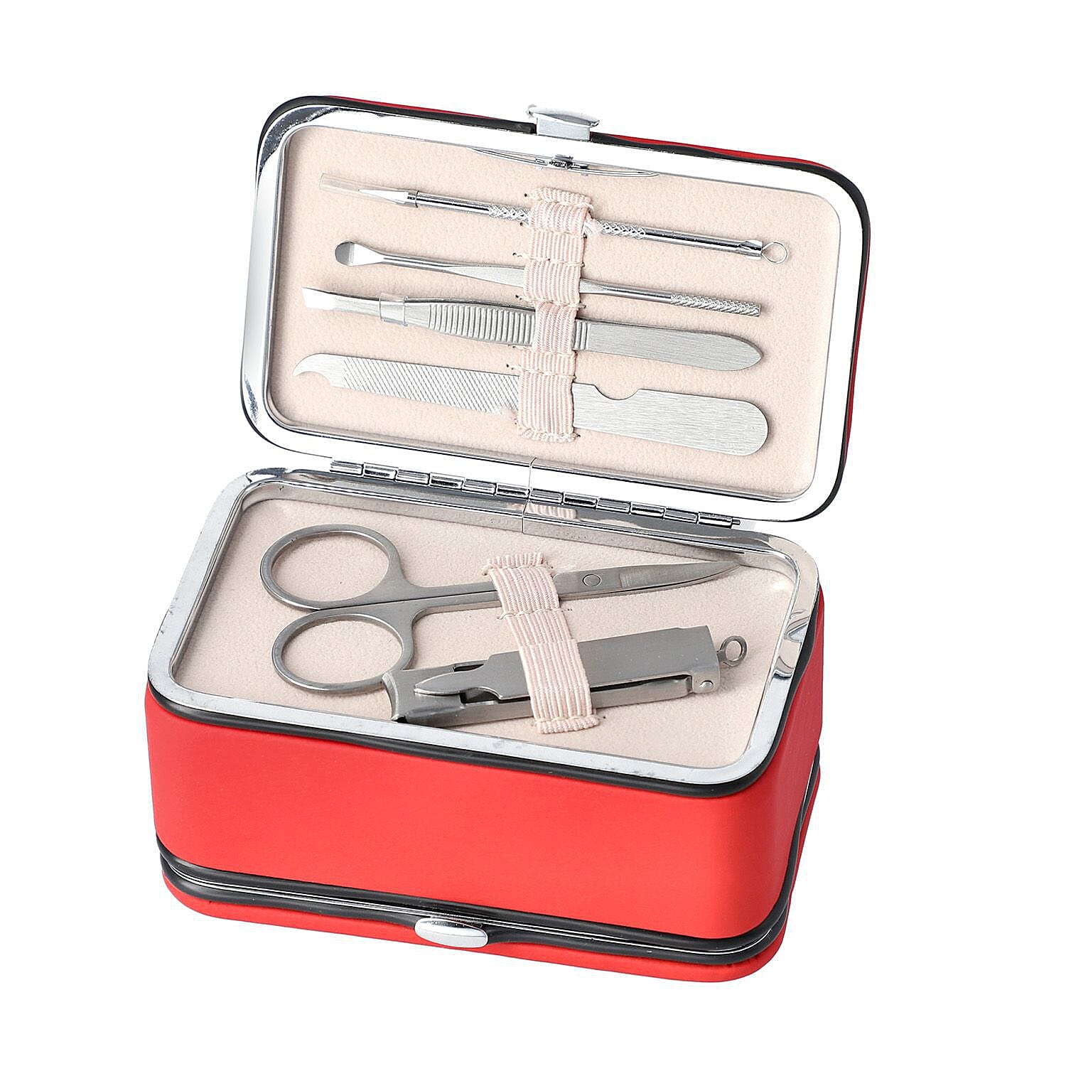 2 in 1 - Six Piece Manicure Set and Travel Jewellery Organiser with Inside Mirror (Size 12x6x6cm) - Red