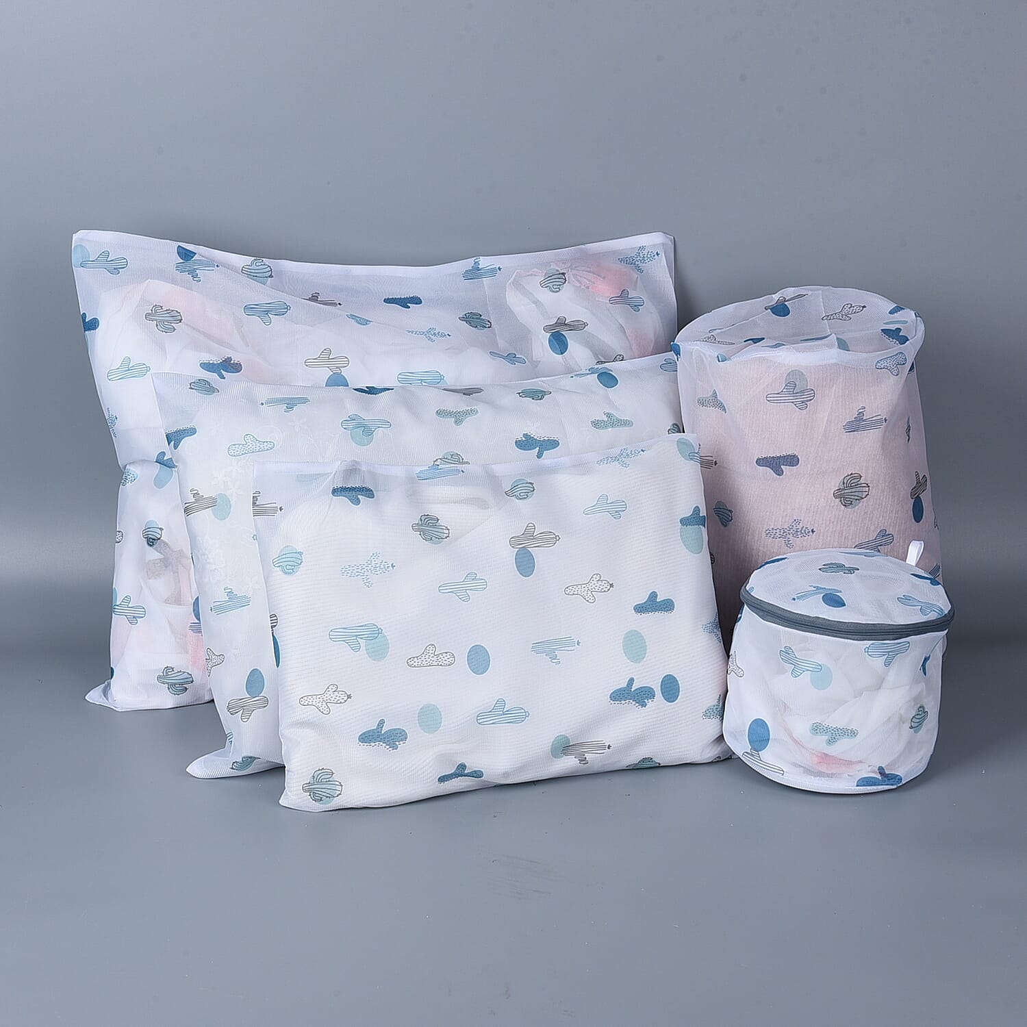 Set of 5 - Cactus Pattern Laundry Bag (Size Small-30x40Cm, Medium-40x50Cm, Large-50x60Cm, Long Pillar-22x33Cm - Short Pillar-15x18Cm)