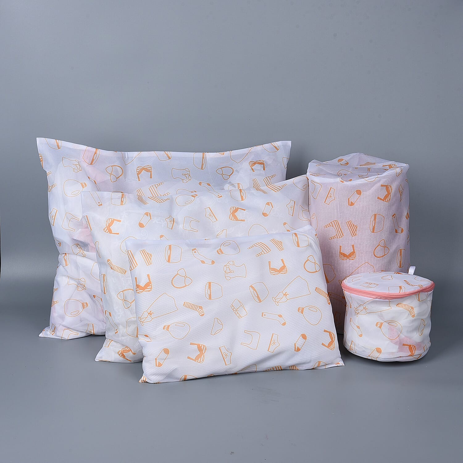 Set of 5 - Laundry Bag (Size Small-30x40Cm, Medium-40x50Cm, Large-50x60Cm, Long Pillar-22x33Cm & Short Pillar-15x18Cm) - White & Orange