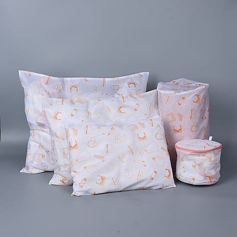 Set of 5 - Laundry Bag (Size Small-30x40Cm, Medium-40x50Cm, Large-50x60Cm, Long Pillar-22x33Cm - Short Pillar-15x18Cm) - White - Orange