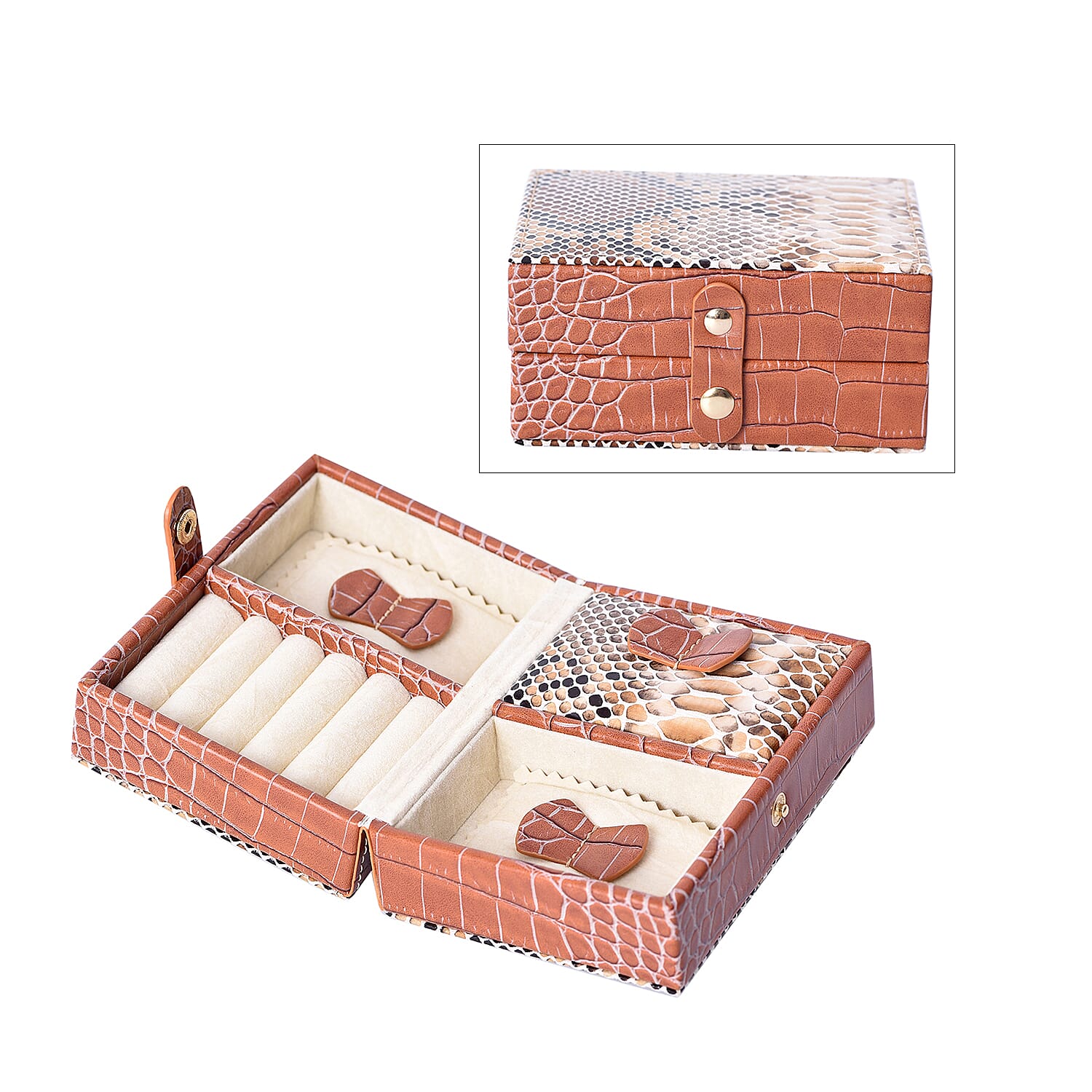 Portable Snake Skin Pattern Jewellery Box with Button Closure (Size 12x9x6Cm) - Brown
