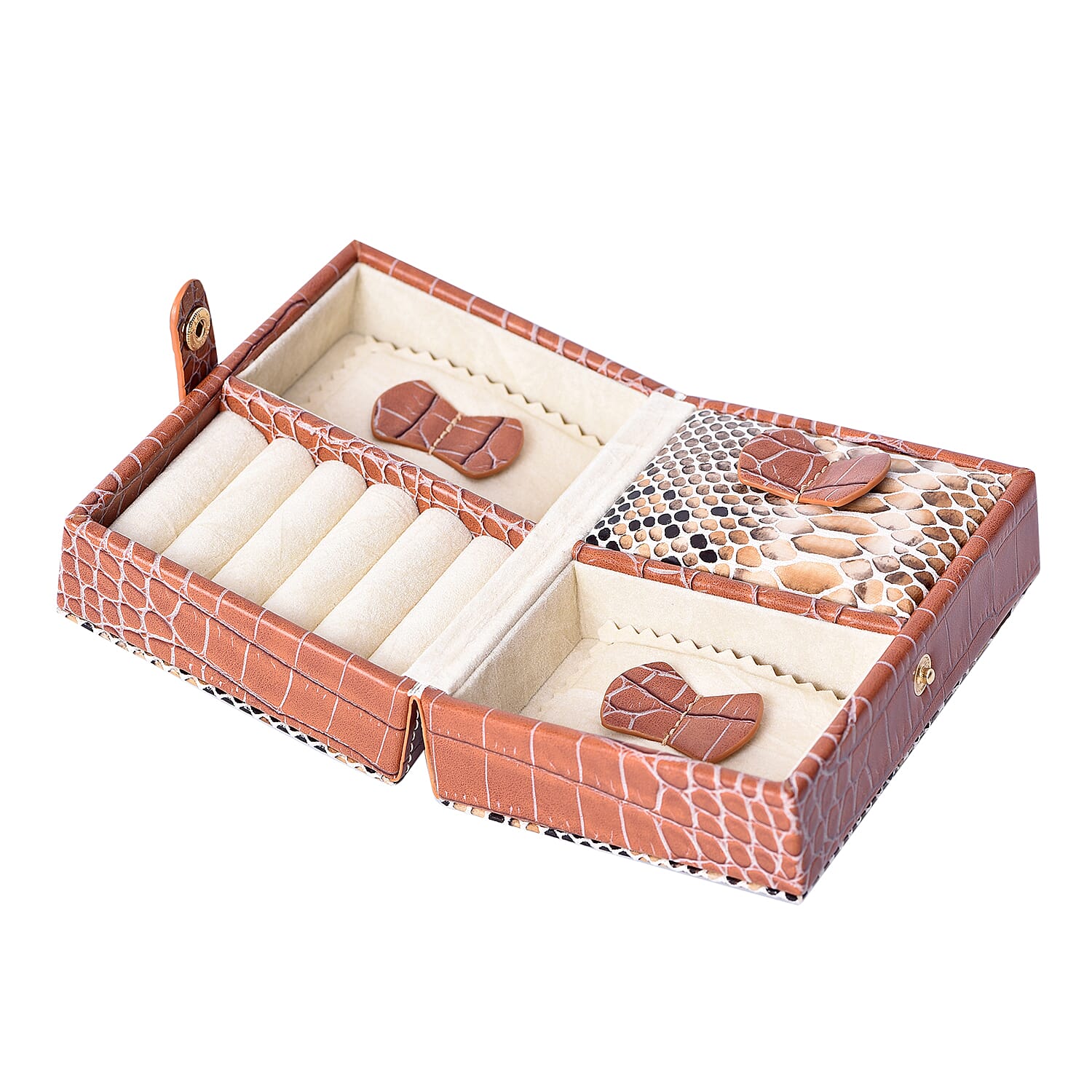 Portable Snake Skin Pattern Jewellery Box with Button Closure (Size 12x9x6Cm) - Brown