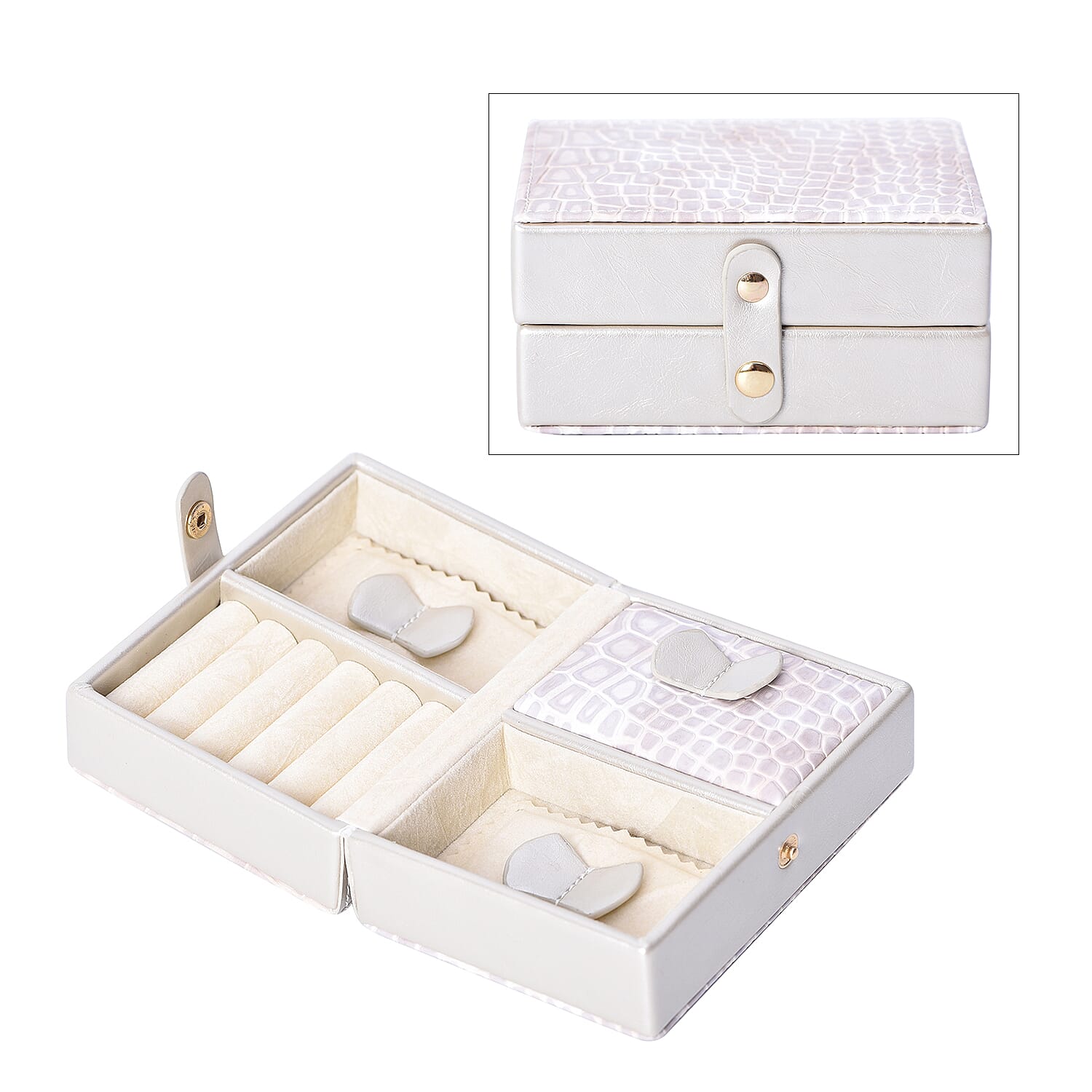Portable Croc Skin Pattern Jewellery Box with Button Closure - Silver and Grey