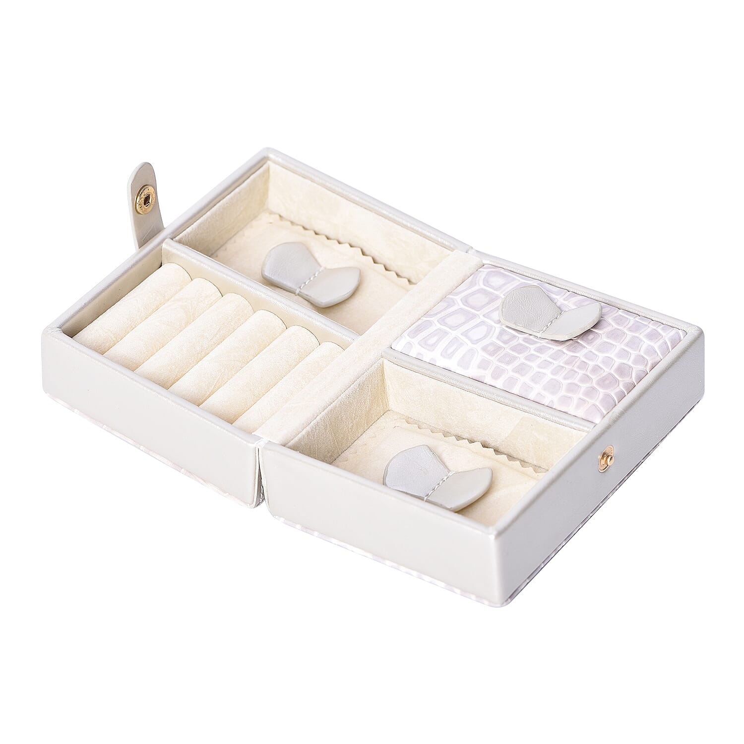 Portable Croc Skin Pattern Jewellery Box with Button Closure - Silver and Grey