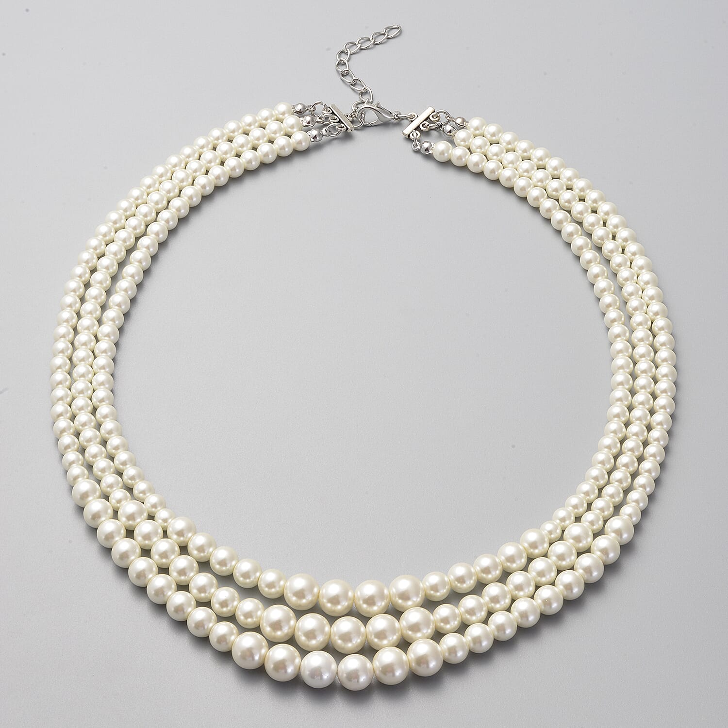 Simulated White Pearl Necklace (Size 18 with 2 inch Extender) in Silver Tone