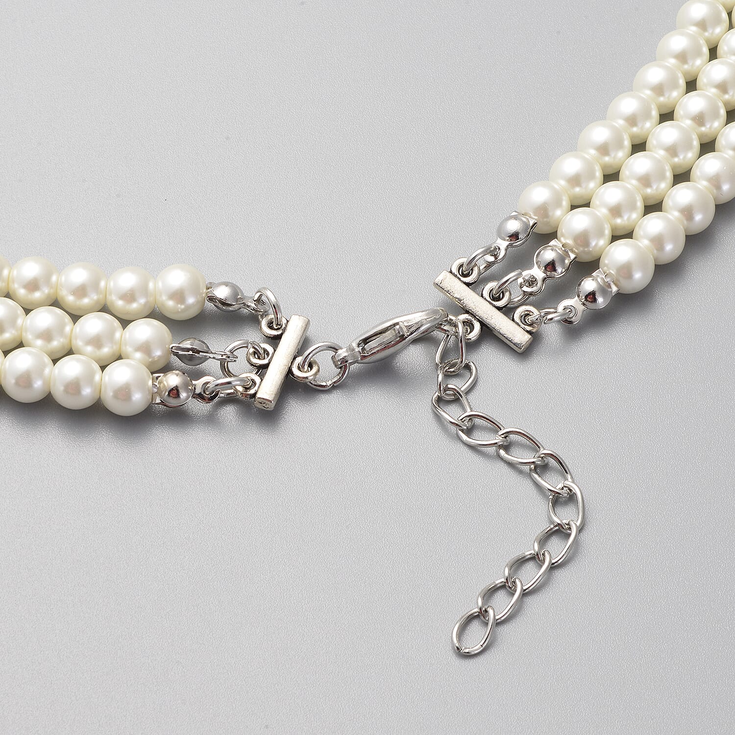 Simulated White Pearl Necklace (Size 18 with 2 inch Extender) in Silver Tone