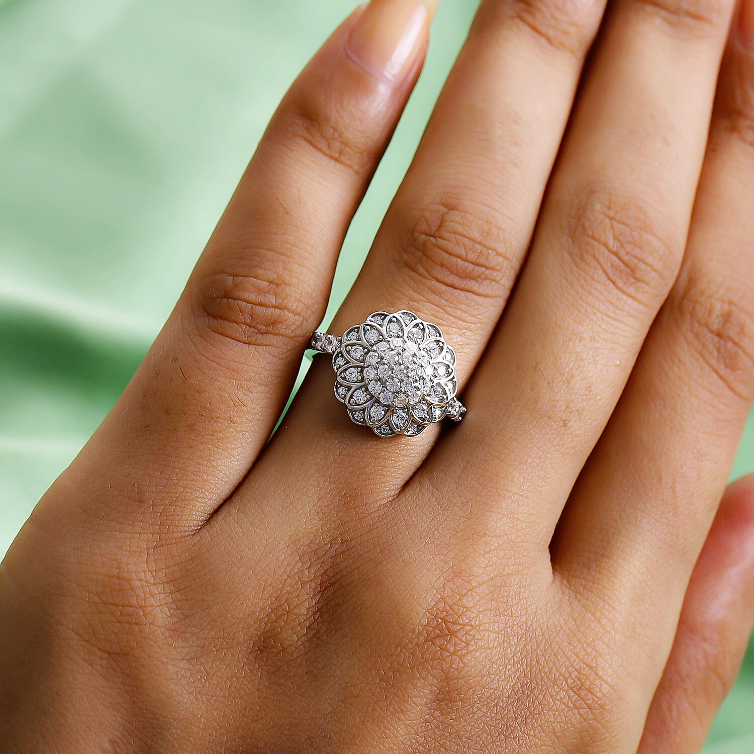 Lustro Stella Platinum Overlay Sterling Silver Floral Ring Made with Finest CZ 1.07 Ct.