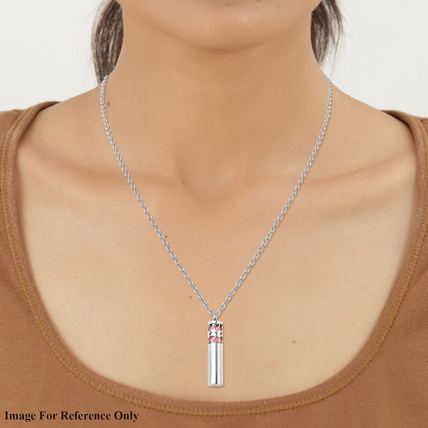 Fragrance Bottle Pendant with Chain (Size - 24) in Stainless Steel - Pink