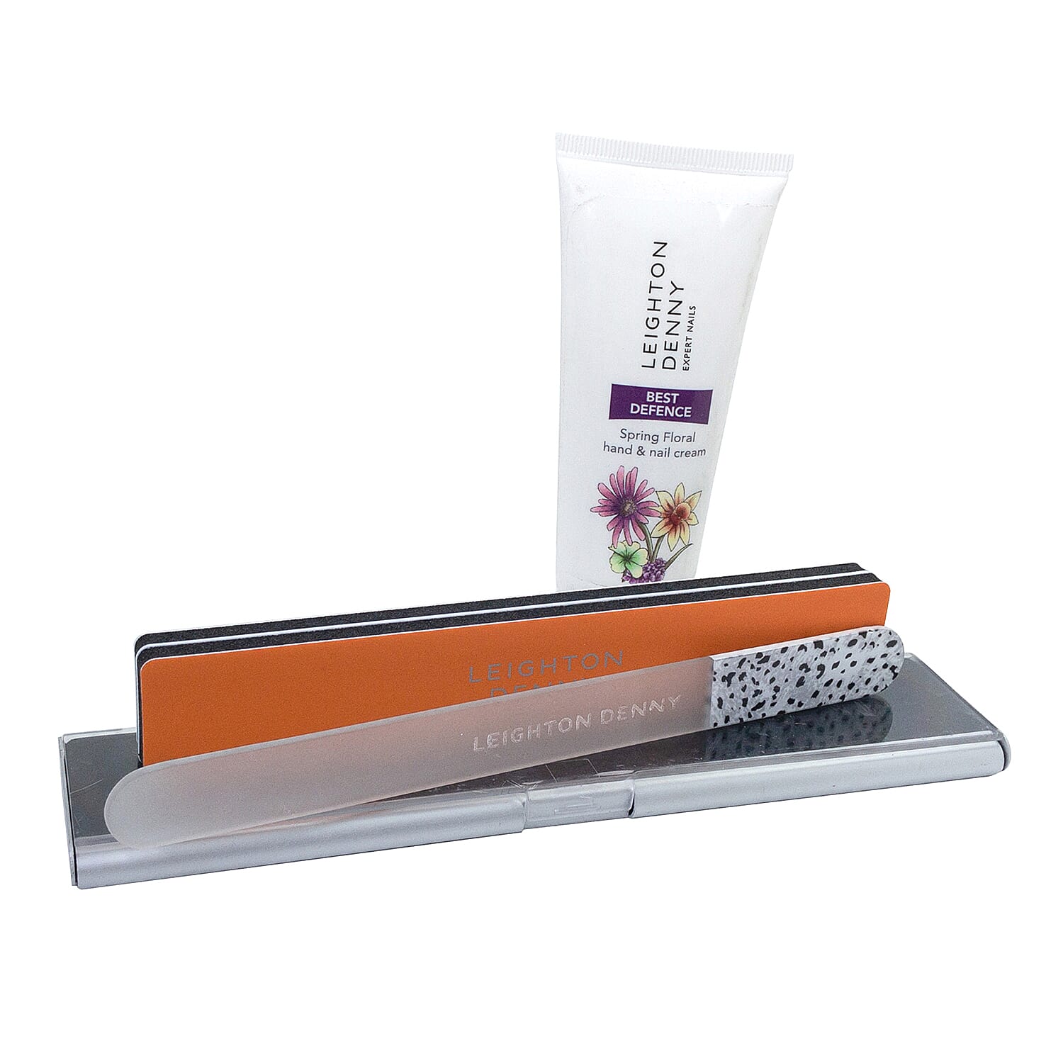 Leighton Denny- File & Treat Trio (Incl. Limited Edition Large Snow Leopard Crystal File & Aluminium Case, Spring Floral Hand Cream - 75ml & Duo Buffer)