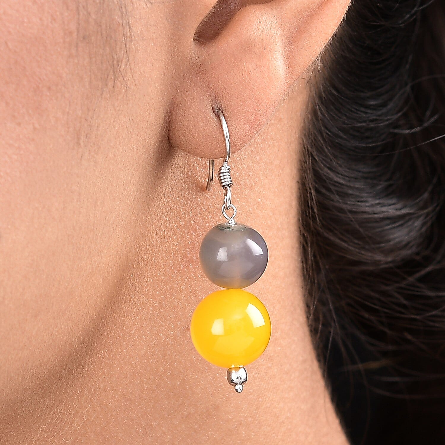 Yellow Agate ,  Onyx  Earring in Platinum Overlay Sterling Silver 40.00 Ct.
