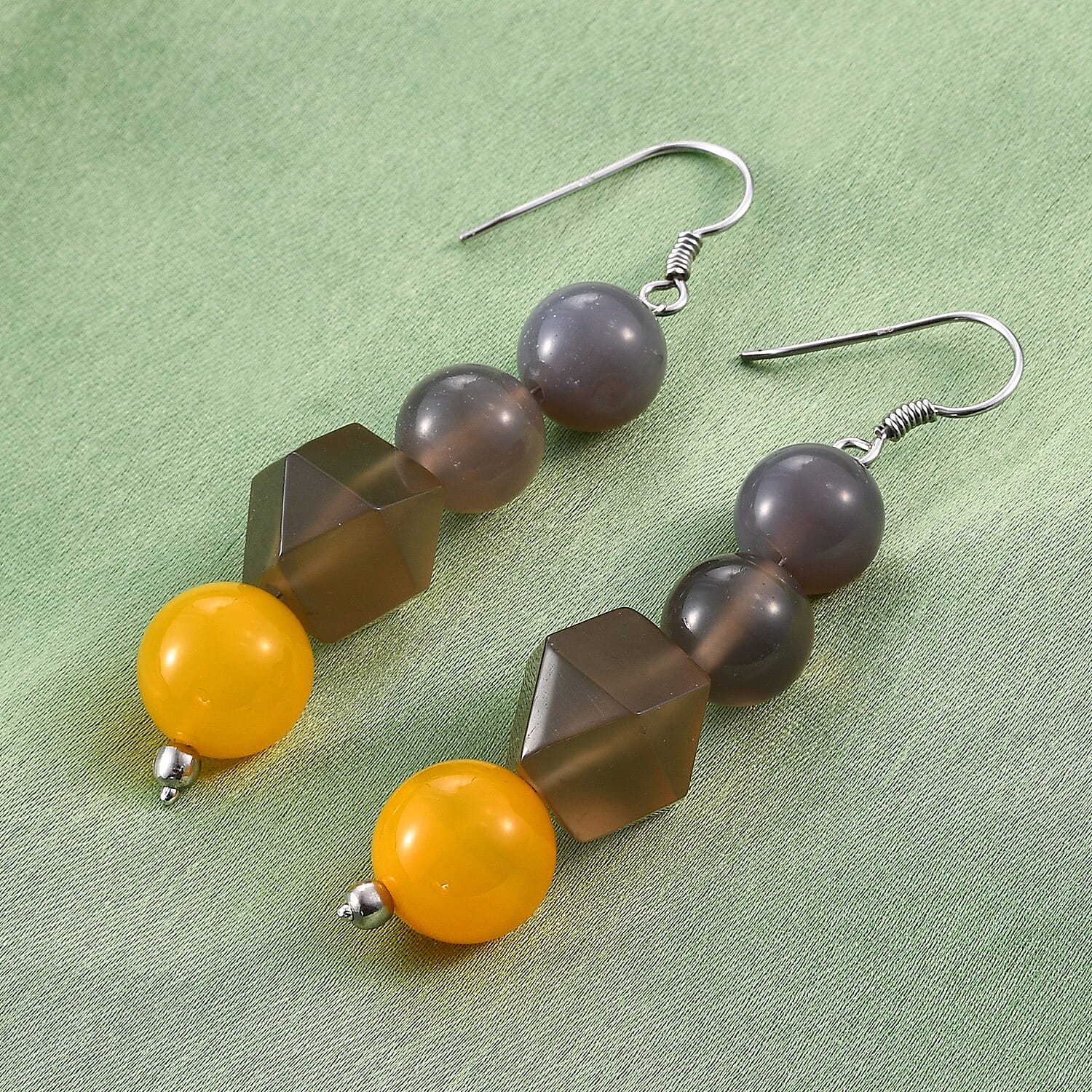 Yellow Agate and Onyx Earrings in Platinum Overlay Sterling Silver 86.00 Ct