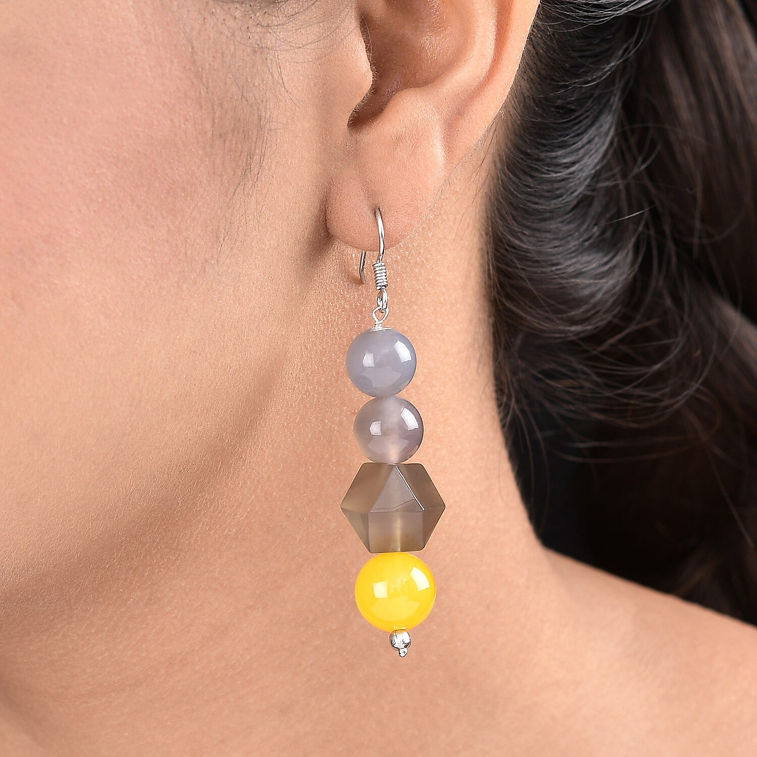 Yellow Agate and Onyx Earrings in Platinum Overlay Sterling Silver 86.00 Ct