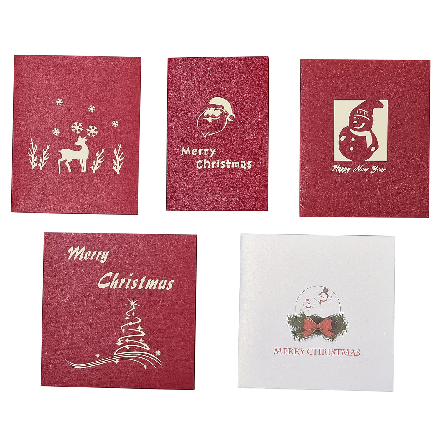 Set of 5 - Christmas 3D Greenting Card with Envelopes (Size 15 Cm) - Red and White