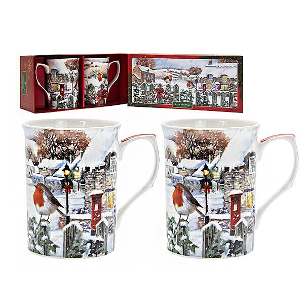 2 Piece Set- Lesser & Pavey Magic of Christmas Mugs (Size 10x8 Cm) in Gift Box - Robin Design