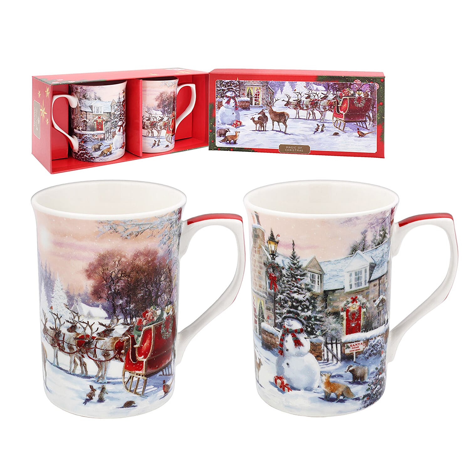 2 Piece Set- Lesser & Pavey Magic of Christmas Mugs (Size 10x8 Cm) in Gift Box - Snowman and Sleigh Design