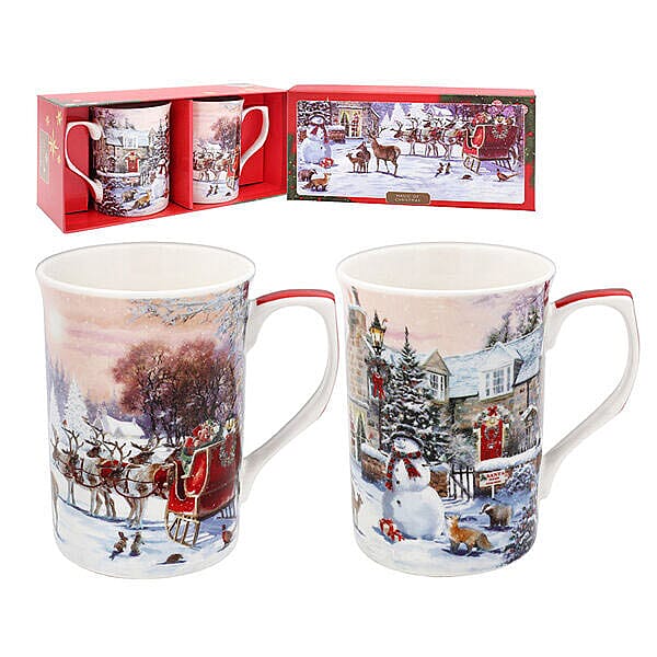 2 Piece Set- Lesser & Pavey Magic of Christmas Mugs (Size 10x8 Cm) in Gift Box - Snowman and Sleigh Design