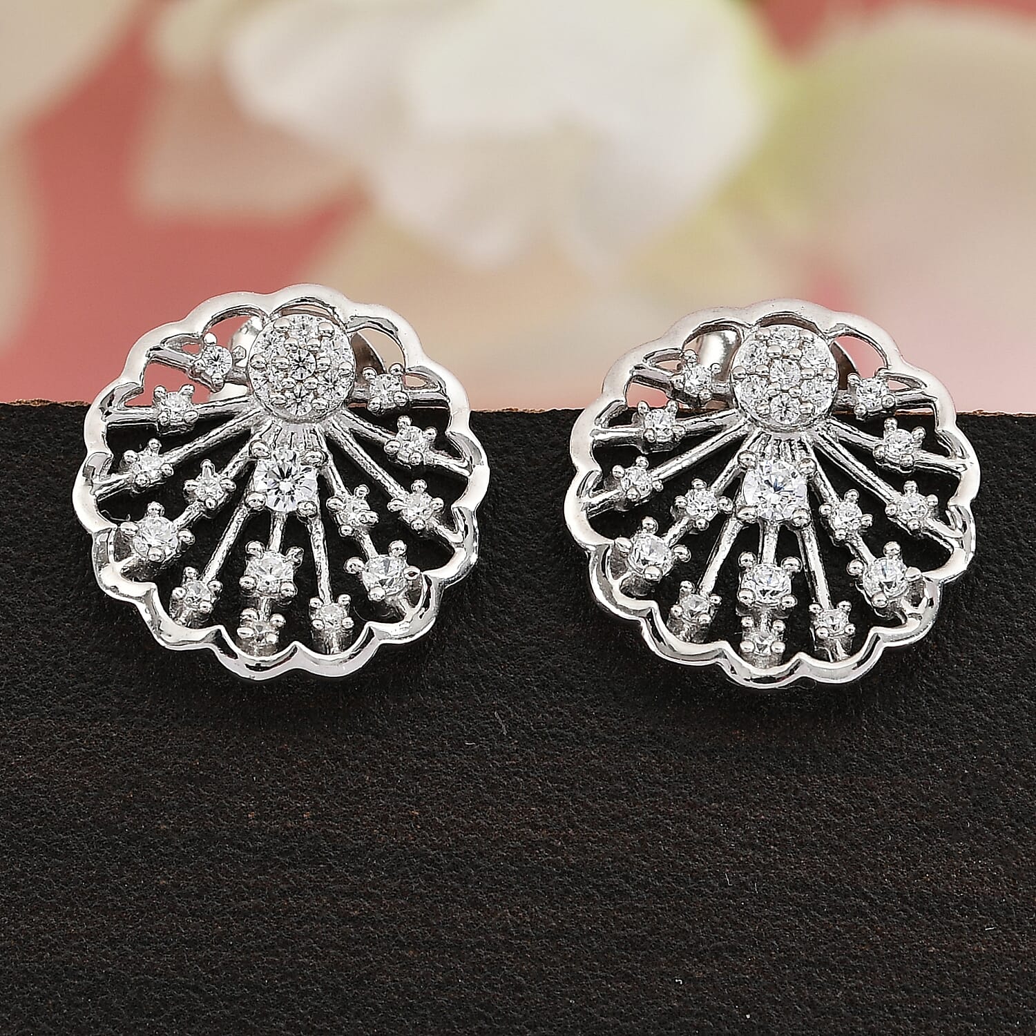 NY Close Out- Simulated Diamond Floral Earrings (with Push Back) in Platinum Overlay Sterling Silver