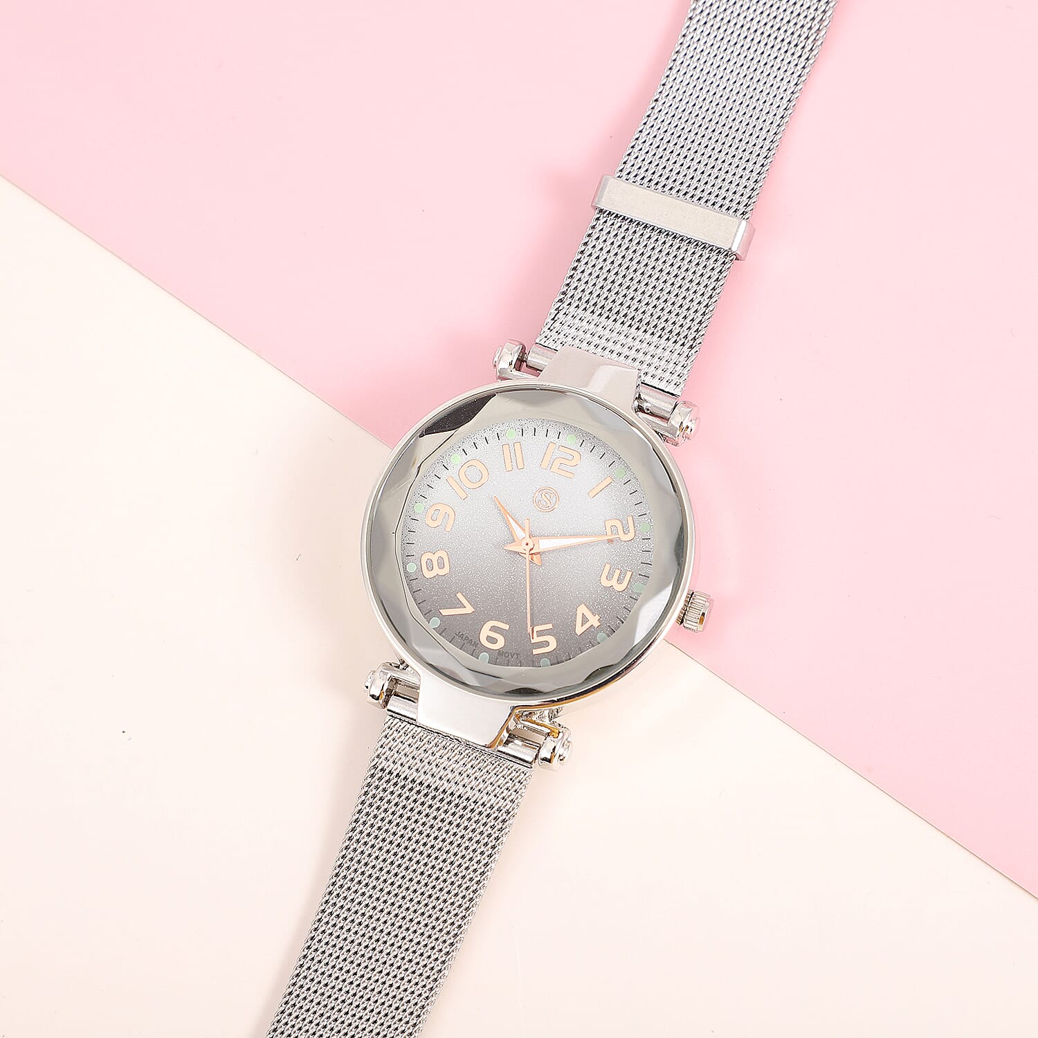 STRADA Japanese Movement Silver & Black Dial Water Resistant Watch in Silver Colour Mesh Belt