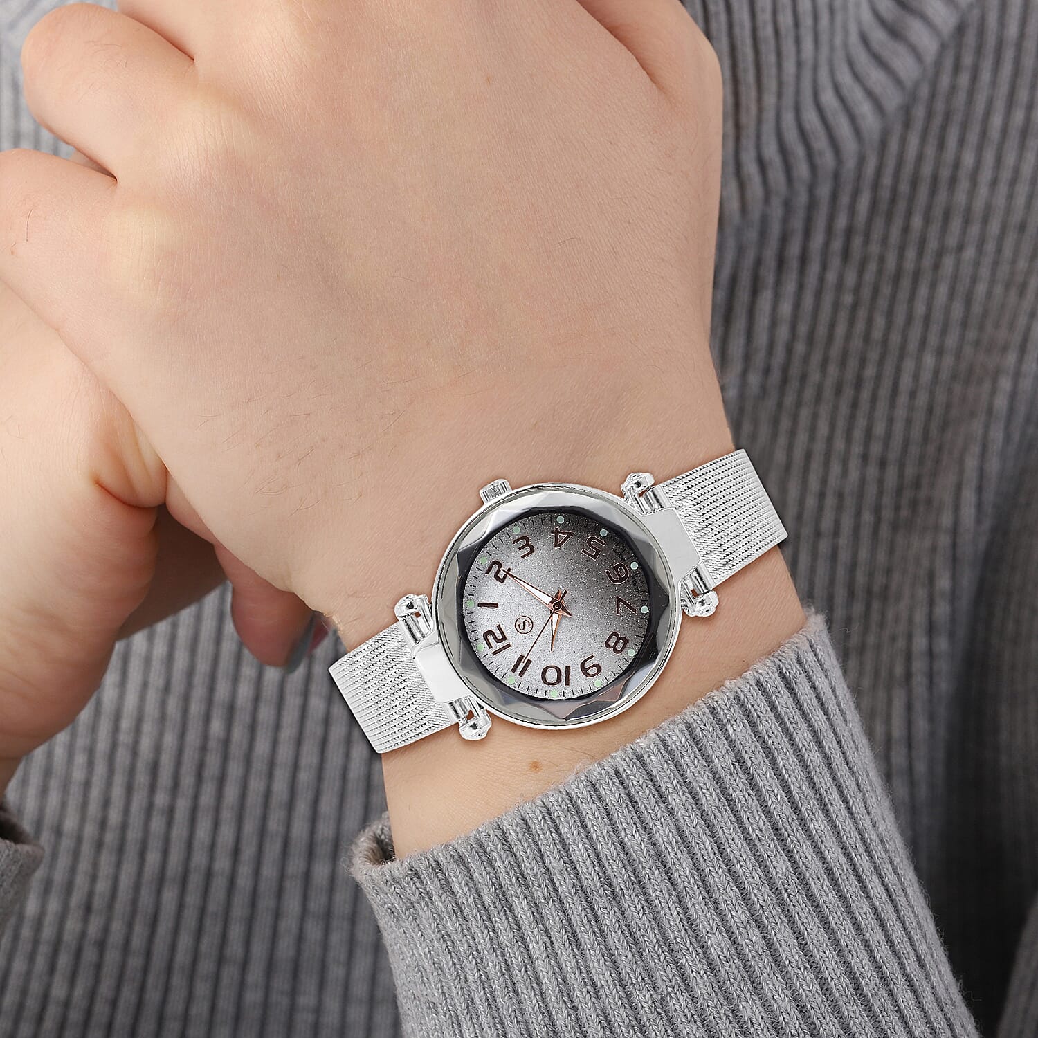 STRADA Japanese Movement Silver & Black Dial Water Resistant Watch in Silver Colour Mesh Belt