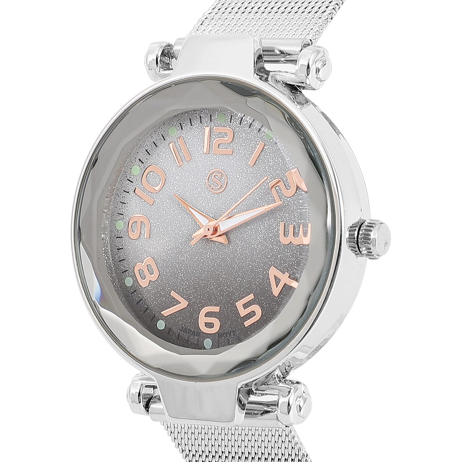 STRADA Japanese Movement Silver & Black Dial Water Resistant Watch in Silver Colour Mesh Belt