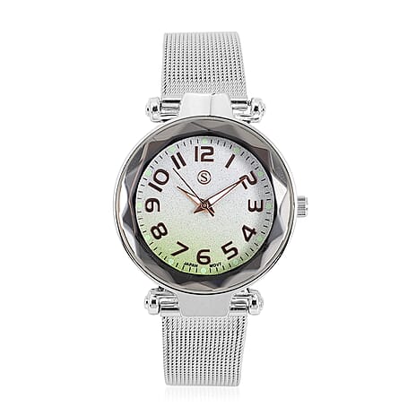 STRADA Japanese Movement Silver & Green Dial Water Resistant Watch in Silver Colour Mesh Belt