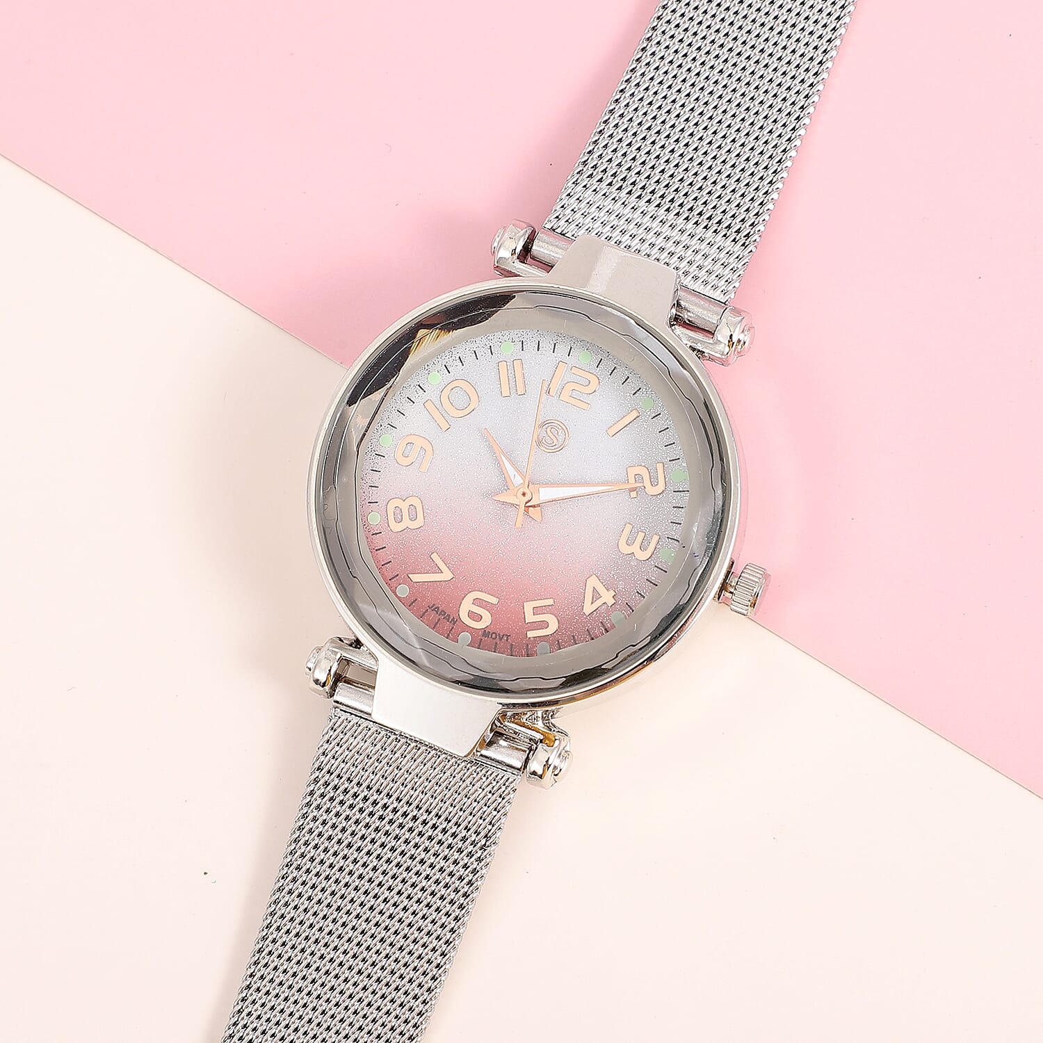 STRADA Japanese Movement Silver & Pink Dial Water Resistant Watch in Silver Colour Mesh Belt