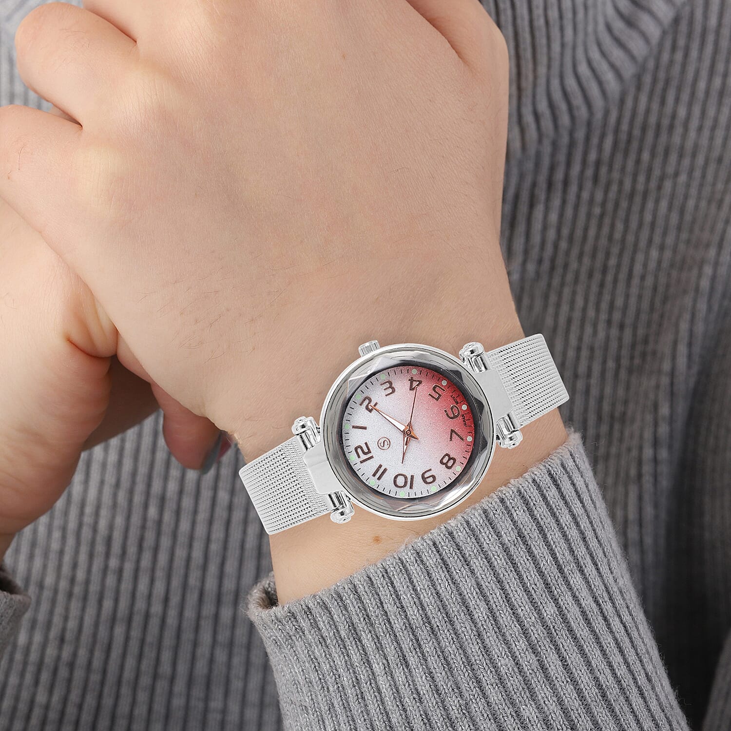 STRADA Japanese Movement Silver & Pink Dial Water Resistant Watch in Silver Colour Mesh Belt