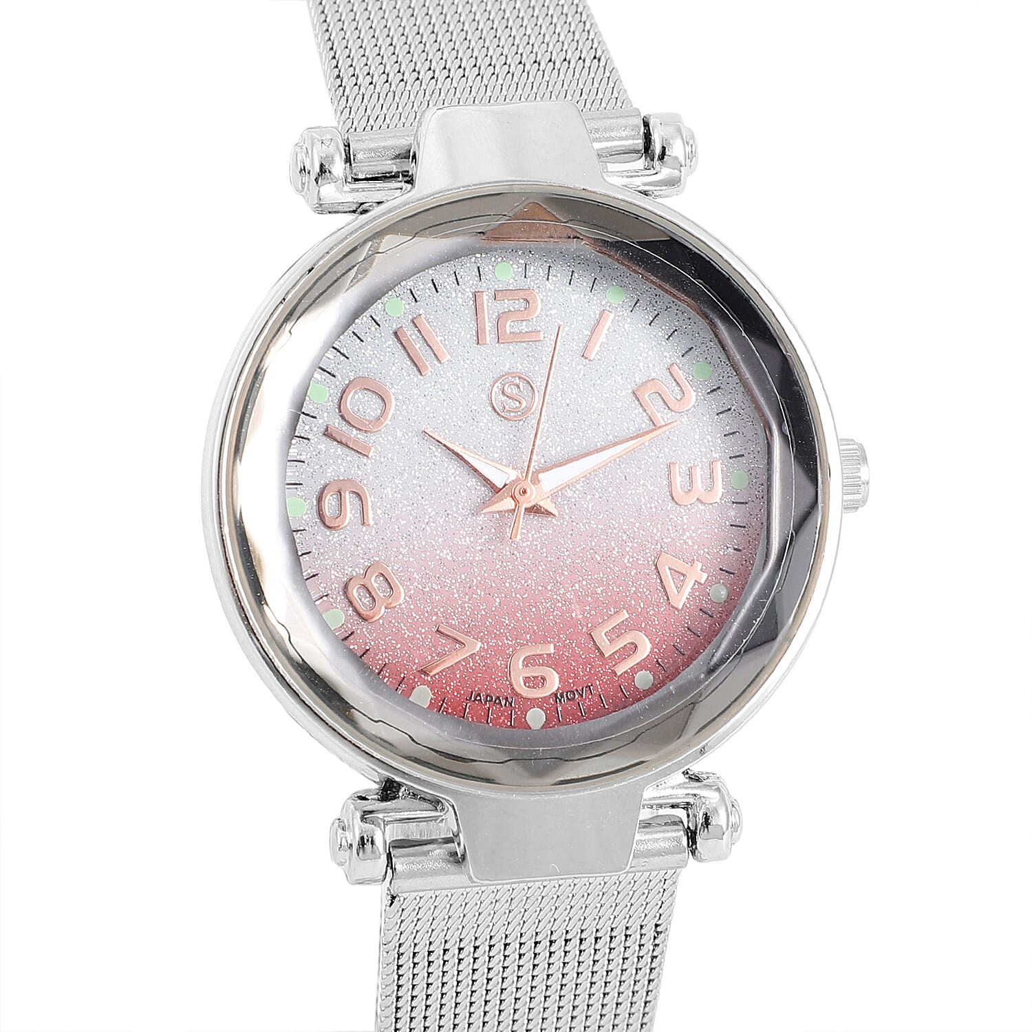 STRADA Japanese Movement Silver & Pink Dial Water Resistant Watch in Silver Colour Mesh Belt