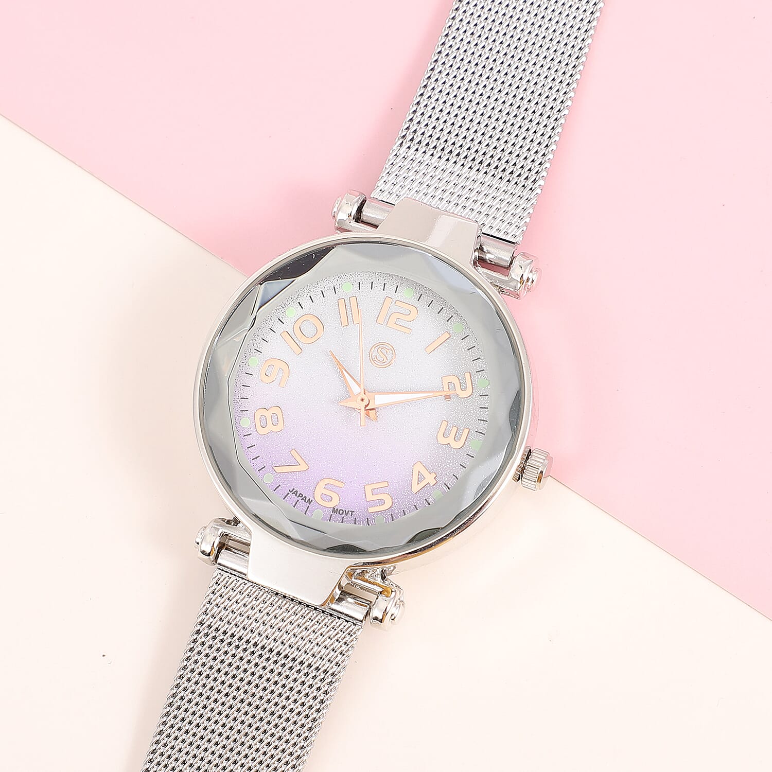 STRADA Japanese Movement Silver & Purple Dial Water Resistant Watch in Silver Colour Mesh Belt