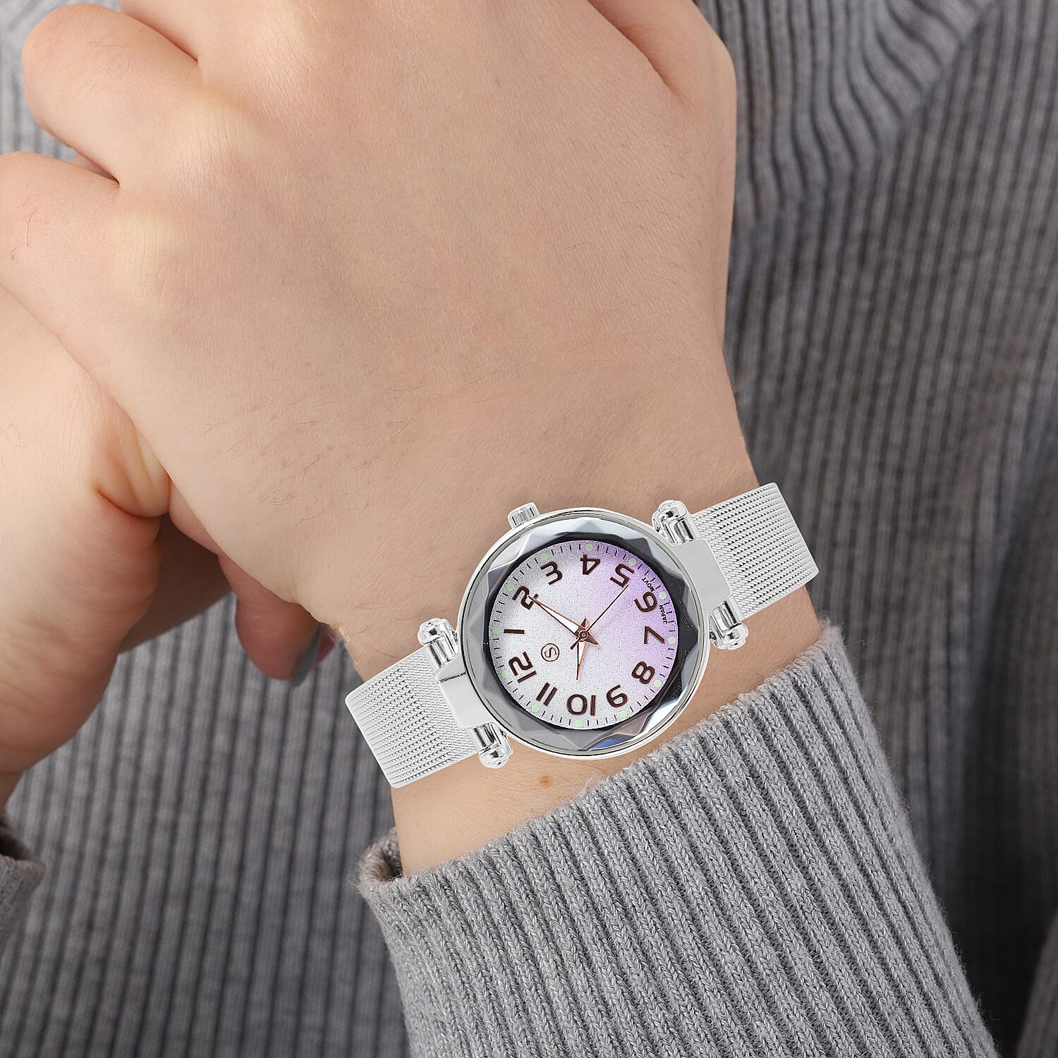 STRADA Japanese Movement Silver & Purple Dial Water Resistant Watch in Silver Colour Mesh Belt
