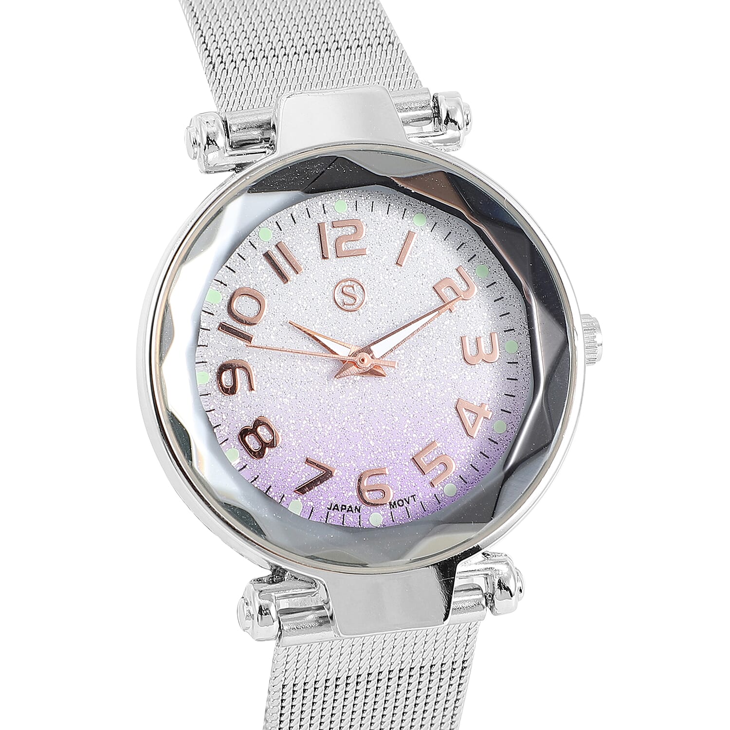 STRADA Japanese Movement Silver & Purple Dial Water Resistant Watch in Silver Colour Mesh Belt
