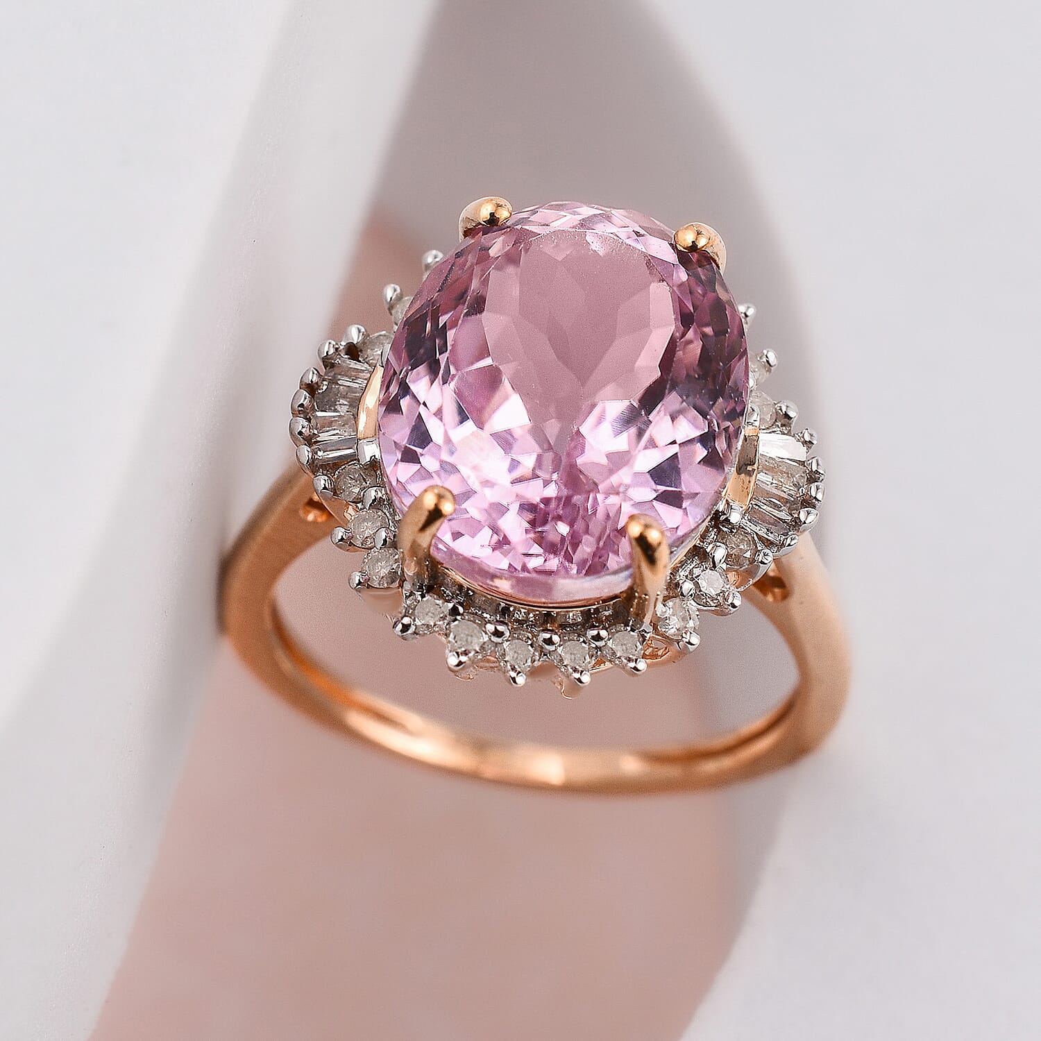 9K Rose Gold Urucum Kunzite and Diamond Ring 6.56 Ct.