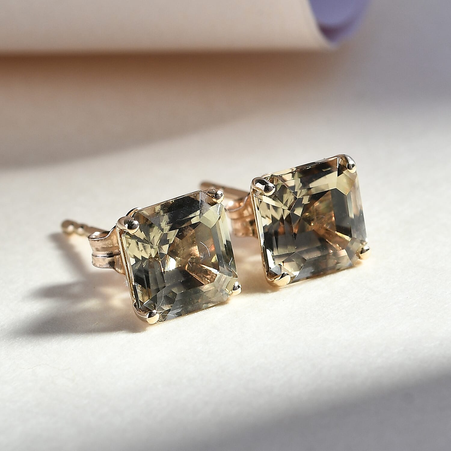 9K Yellow Gold AAA Turkizite (Asscher Cut) Stud Earrings (with Push Back) 2.57 Ct.