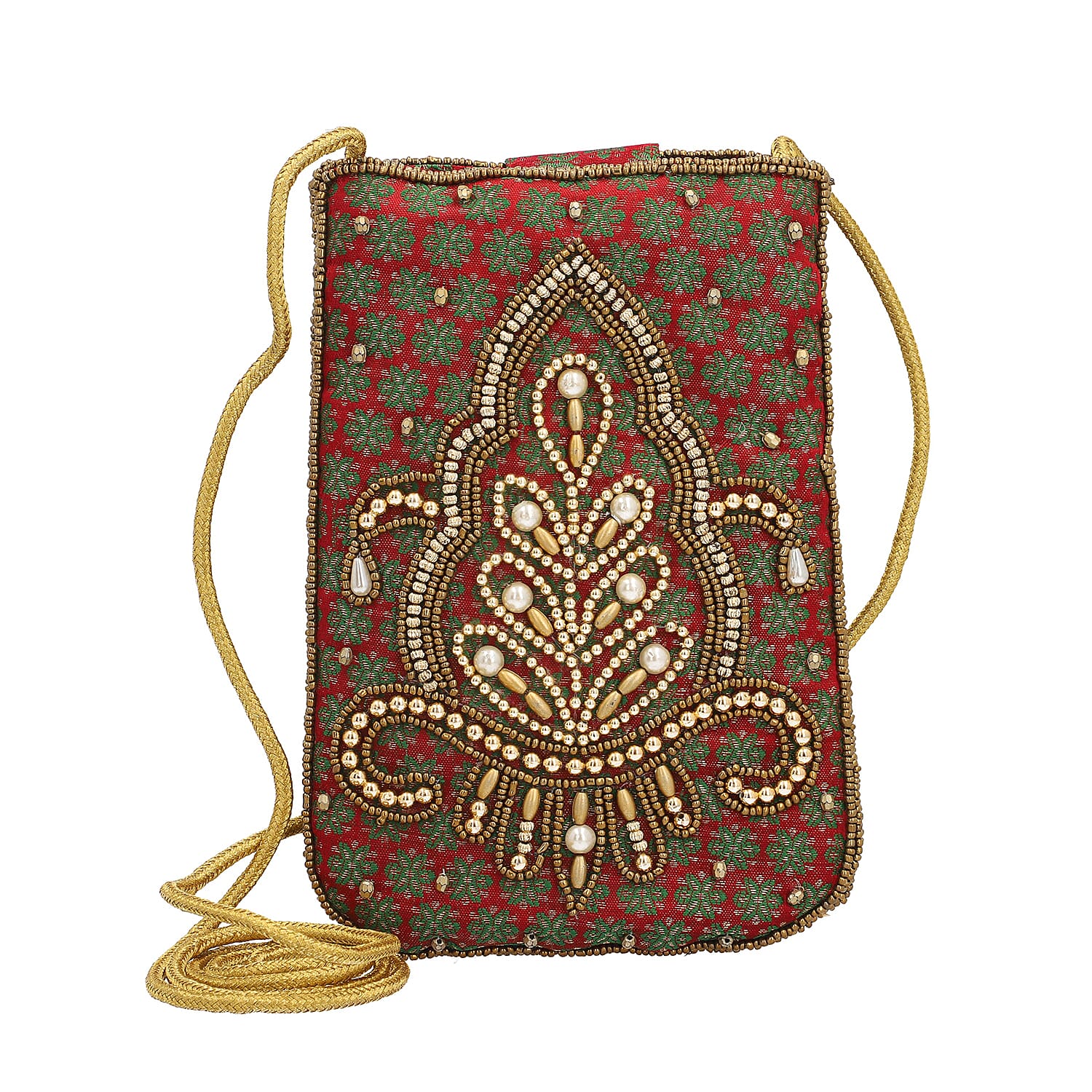 Damask Embroidered Crossbody Potli Pouch - Burgundy Green & Golden